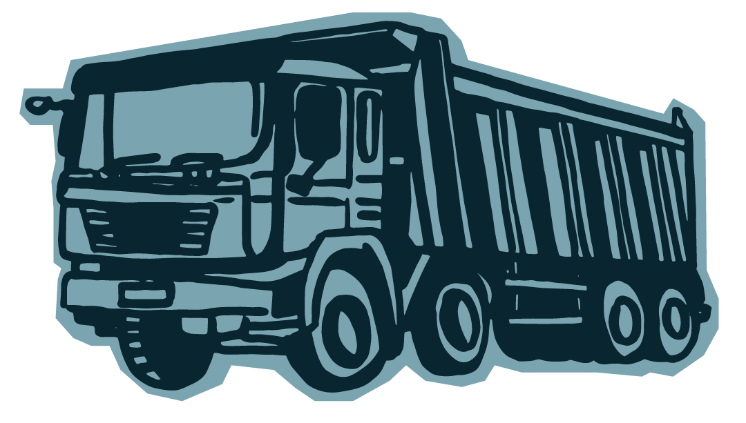 Illustration of a large dump truck with a dark blue outline.