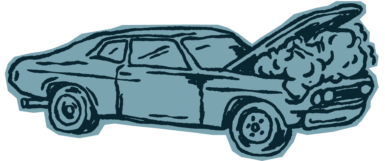 Drawing of a car with smoke coming out of the engine hood, indicating it is broken down or on fire.