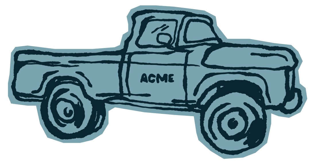 A blue, hand-drawn illustration of a pickup truck with the word 'ACME' on the door.