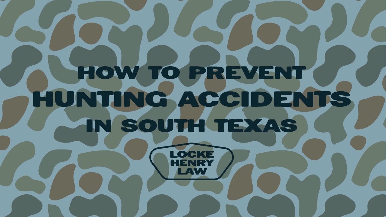 Bold, dark blue text over a blue camo background. The text reads, "How to Prevent Hunting Accidents in South Texas."