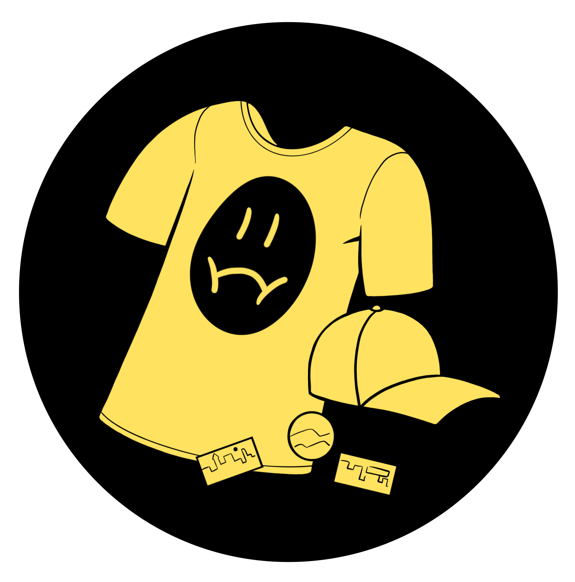 Yellow t-shirt with a sad face design, baseball cap, and tags and buttons on a black background.