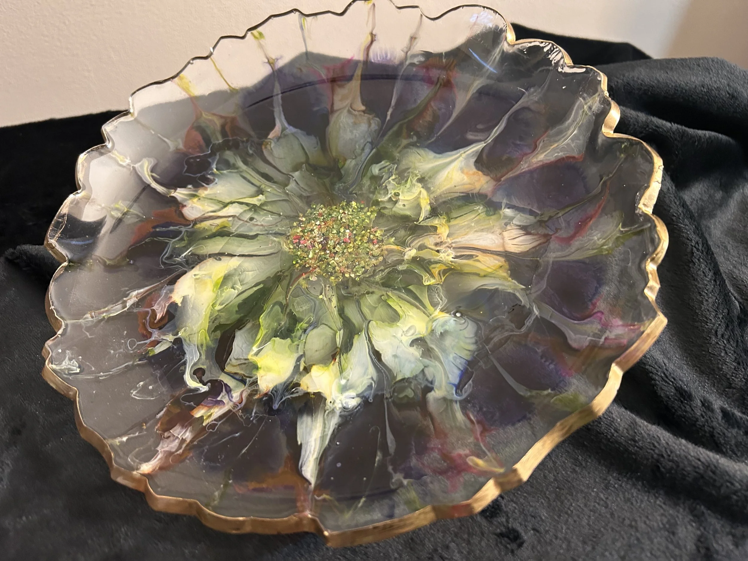 Handmade Floral Resin Trinket Bowl | Gold Rim Scalloped Jewelry Dish
