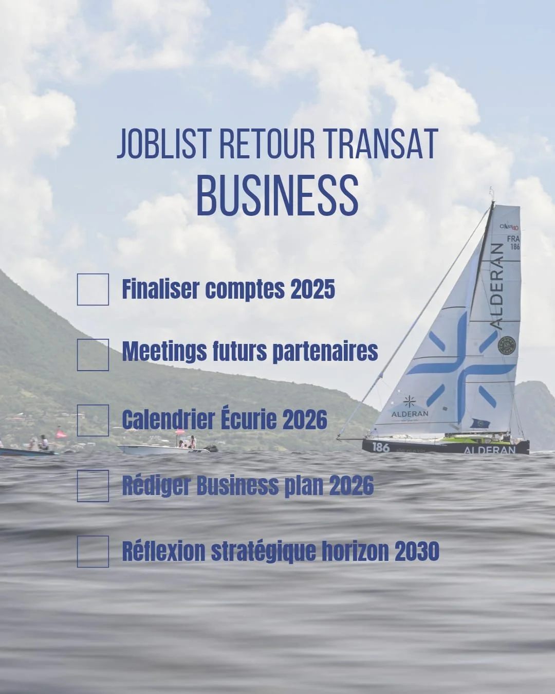 1 mois que la Transat est finie. Apr&egrave;s une ann&eacute;e enti&egrave;re tendue vers cet objectif, on pourrait croire que tout retombe et qu'il est temps de se reposer...
Et bien pas du tout ! C'est l'heure de renfiler mes multiples casquettes d