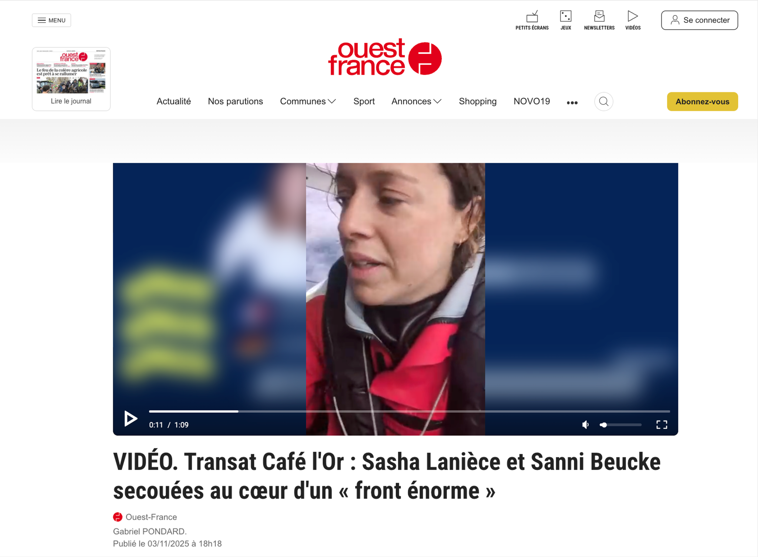 Capture d'écran d'une page web du site ouest-france.fr, montrant une vidéo avec une femme en plein interview ou reportage. La femme porte une veste rouge et noire et semble dans un contexte de reportage ou d'interview.