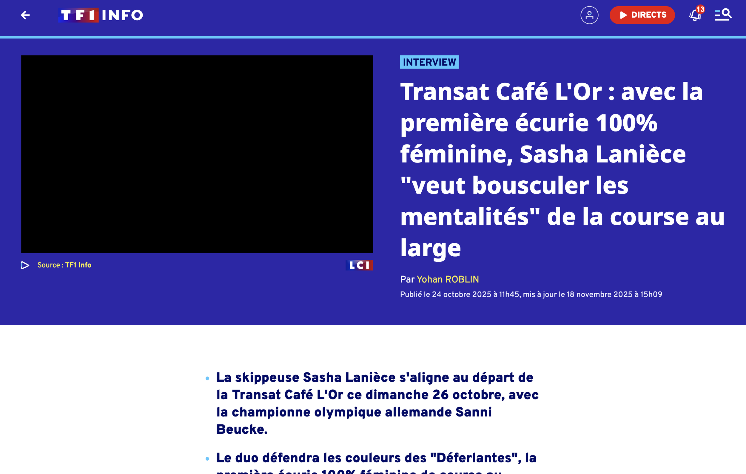 Capture d'écran d'une page Web de TF1 Info présentant une interview sur Transat Café L'Or, avec un titre en gros caractères blancs sur fond bleu, mentionnant la première écurie 100% féminine et Sasha Lanièce.