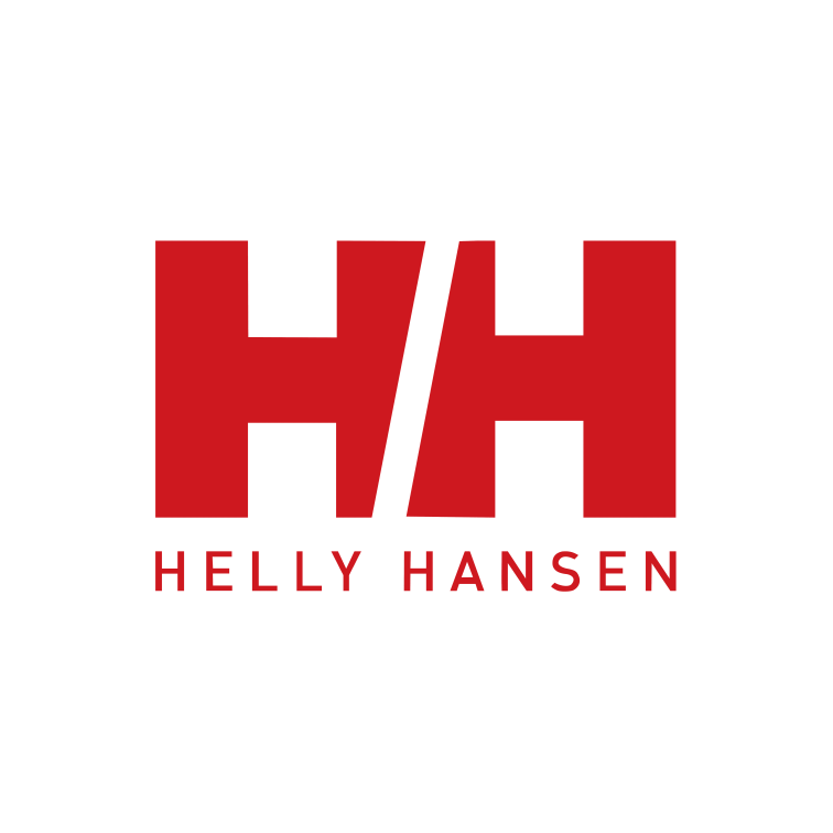 Logo rouge avec les lettres H/H divisées par une barre oblique et le nom 'Helly Hansen' en dessous.