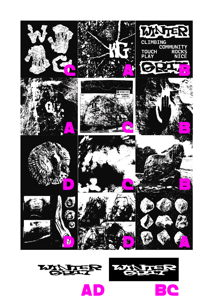 Collection of 12 Winter Grit monochrome repair patch designs