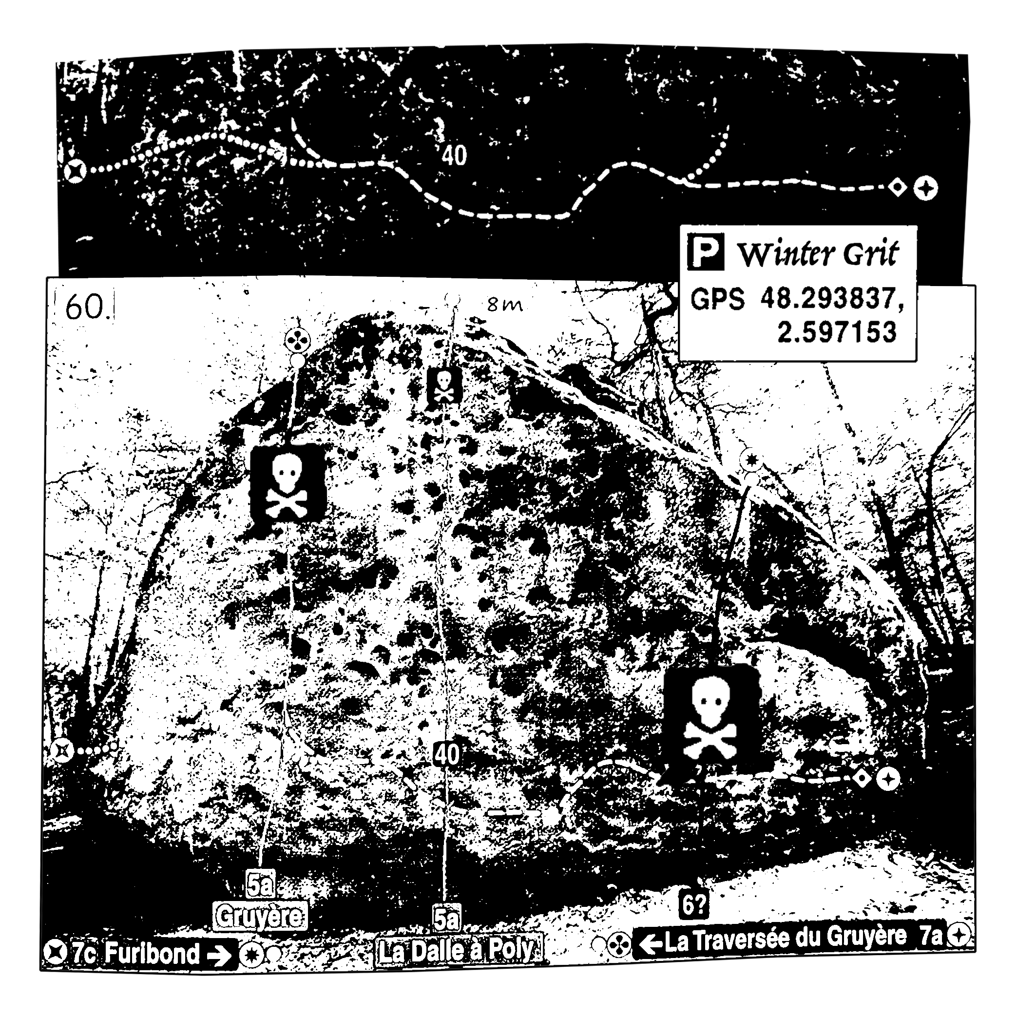 Black-and-white illustrated mountain map featuring ski slopes, trails and Winter Grit graphics.