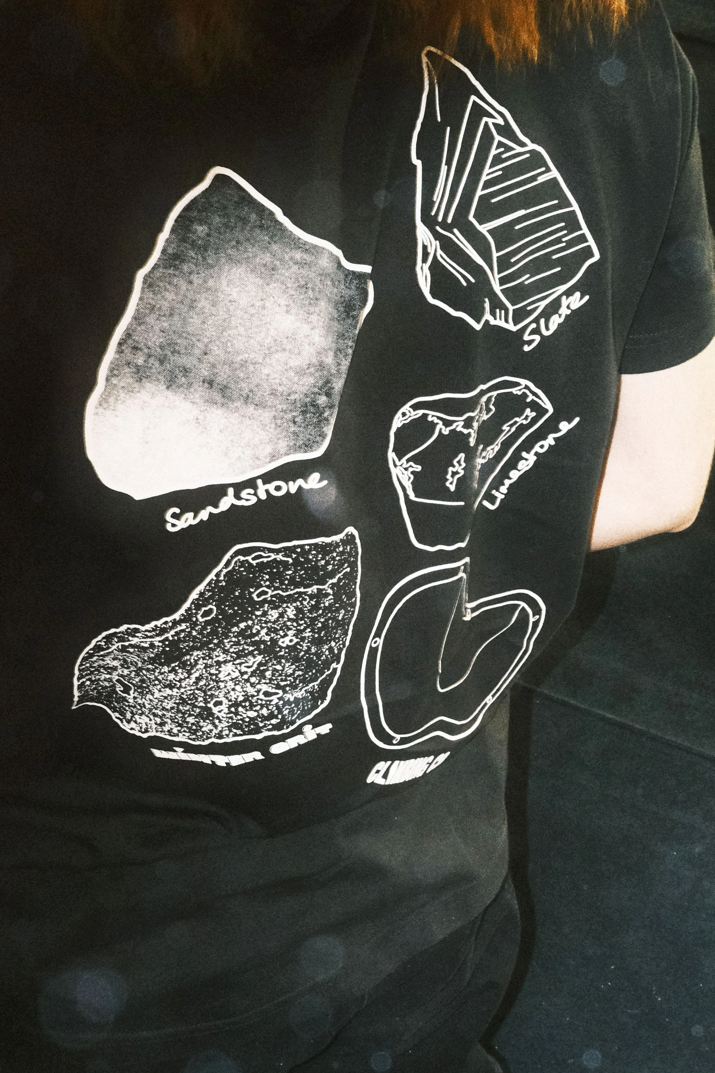 Close-up of the Rock Textures Tee back print showing sandstone, slate, limestone, Winter Grit and Climbing Co illustrations.