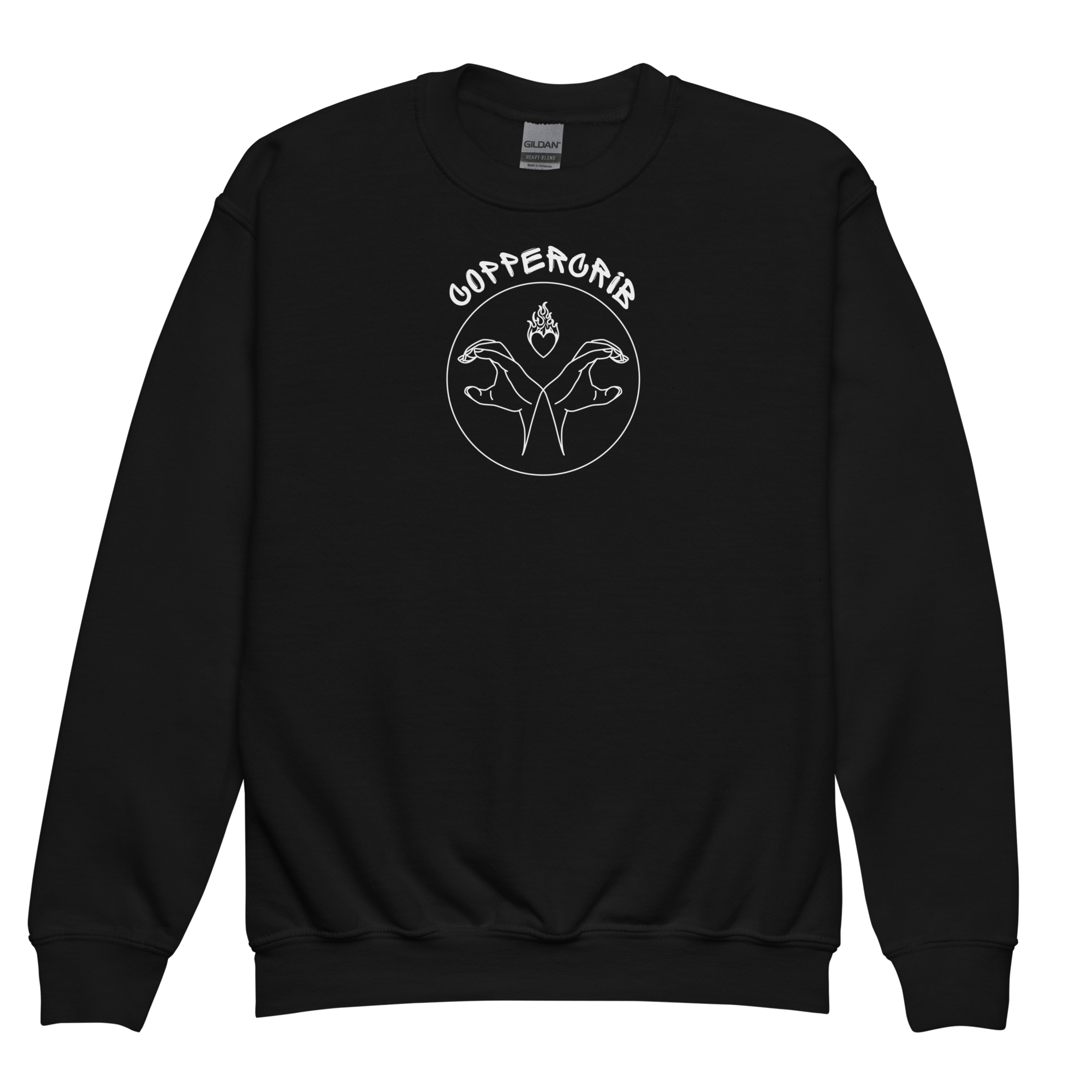 Crewneck noir avec un design blanc représentant deux mains entrelacées, une flamme avec un cœur dessus, et le mot 'COppercrib' écrit au-dessus.