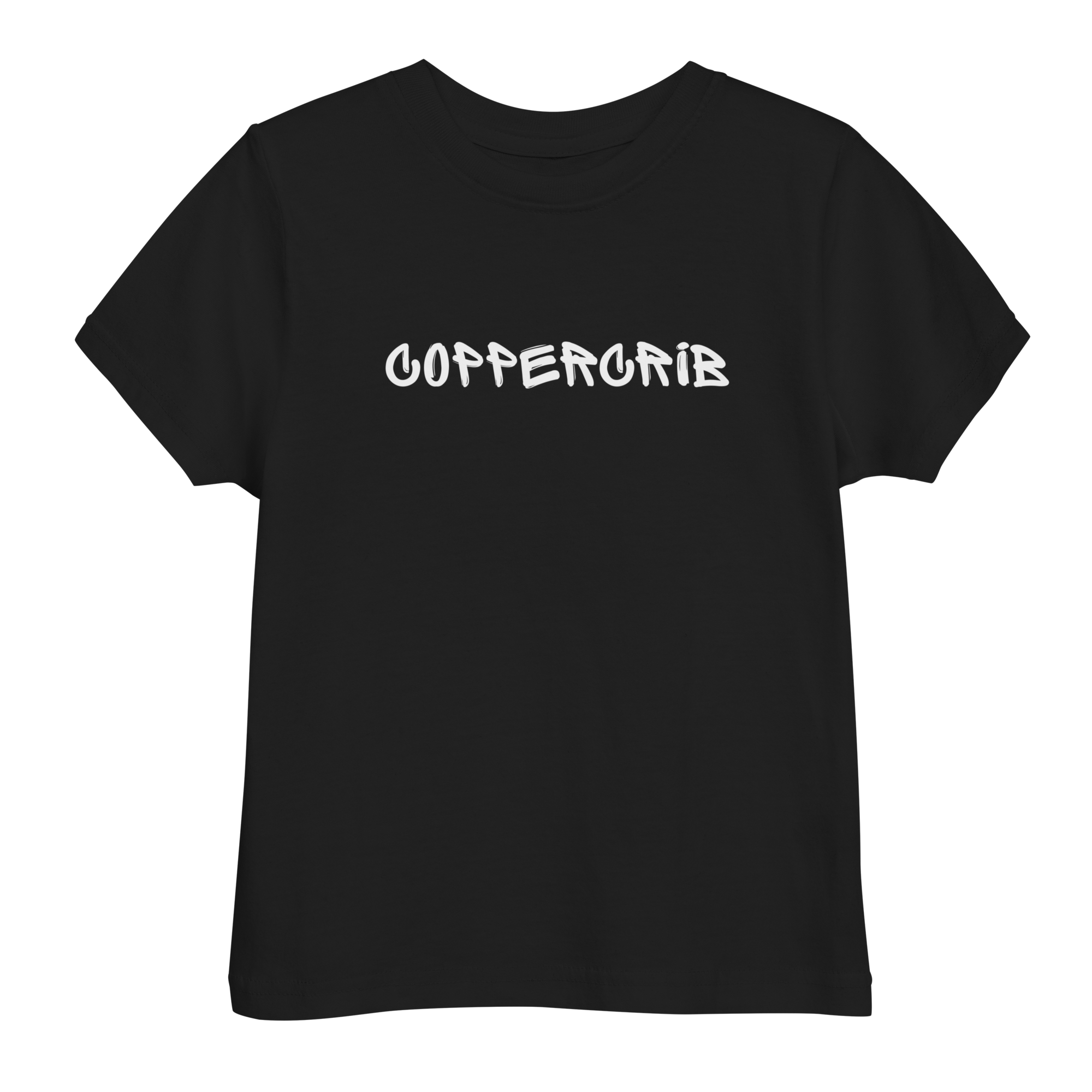 T-shirt noir avec le mot 'COPPERCRIB' écrit en lettres blanches stylisées au centre.
