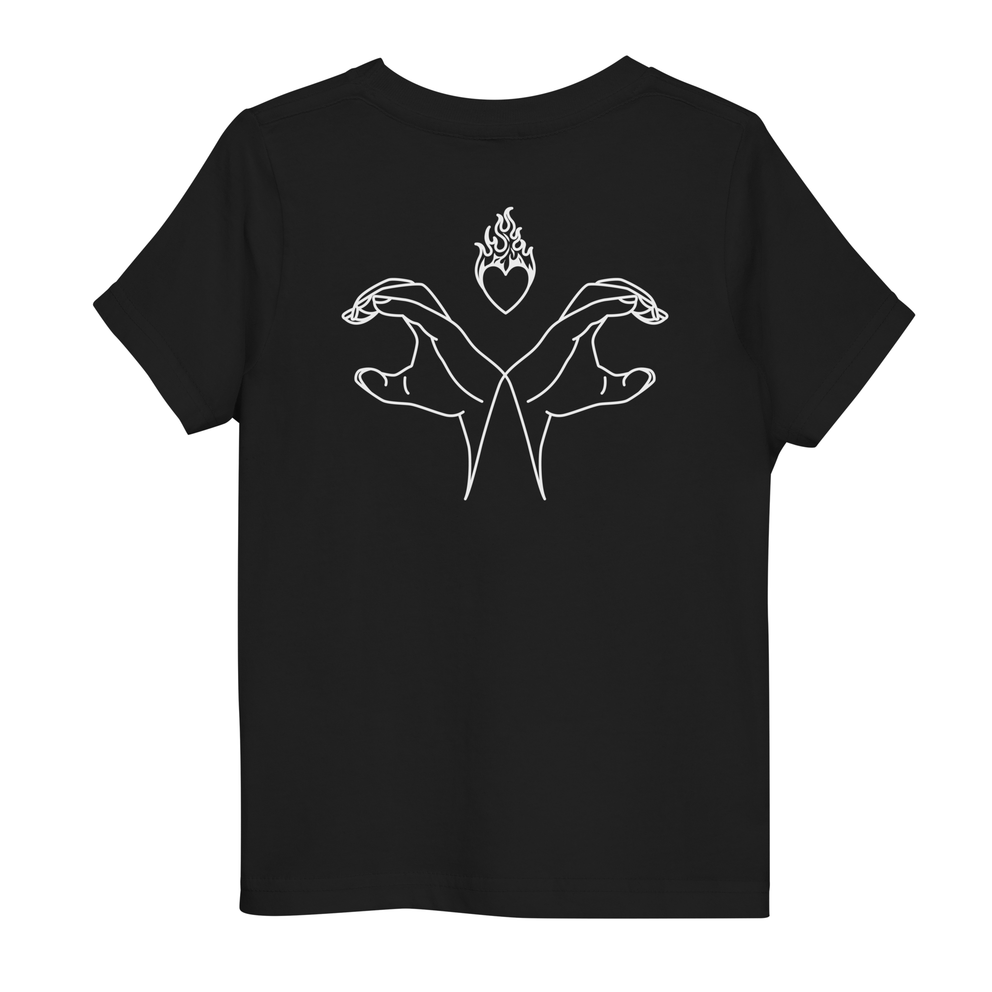 Un t-shirt noir avec une illustration en blanc de deux mains entrelacées et un cœur en flammes au-dessus., le logo coppercrib