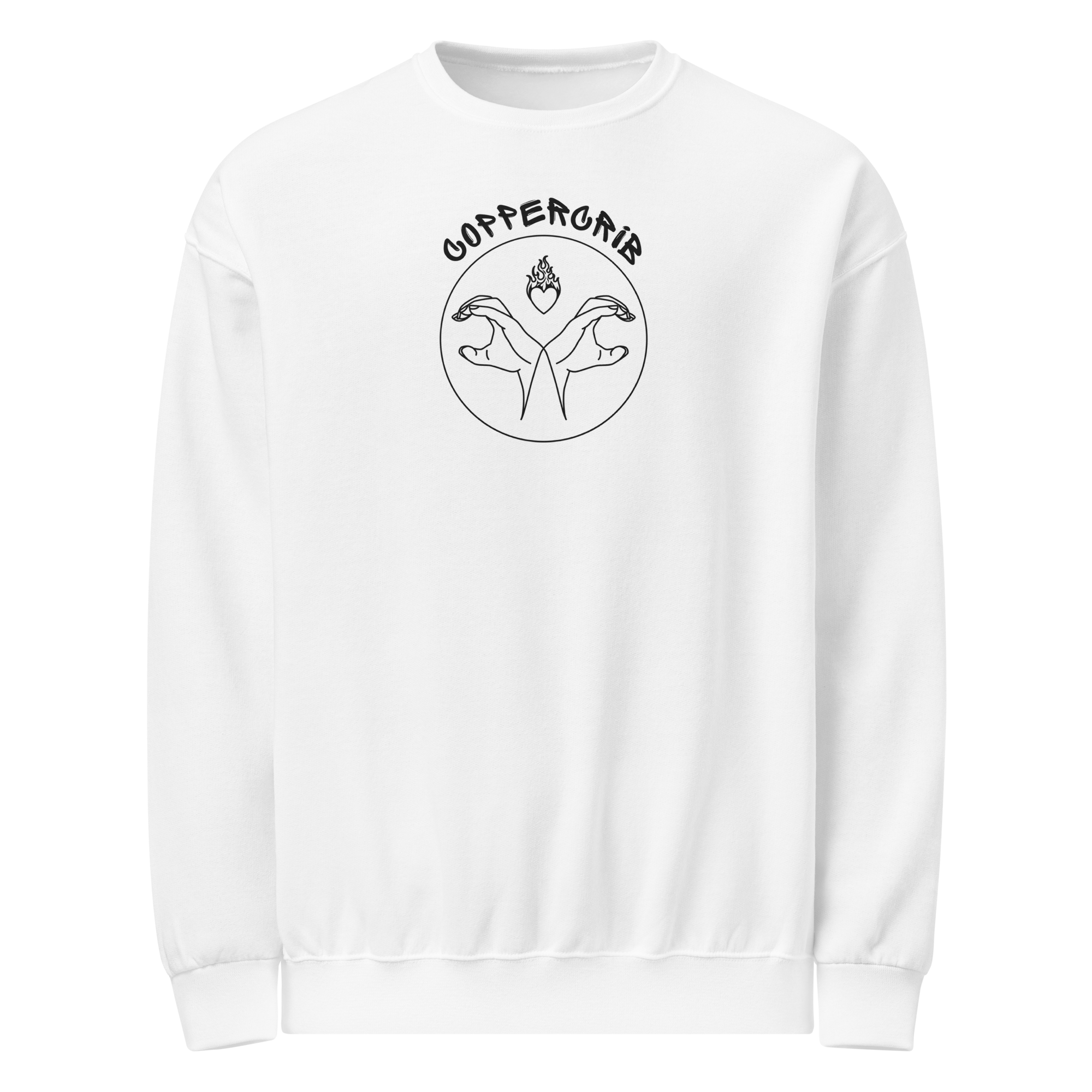 Crewneck blanc avec un design graphique représentant deux mains entrelacées avec un cœur en feu au-dessus et la phrase 'COPPERCRIB' en haut