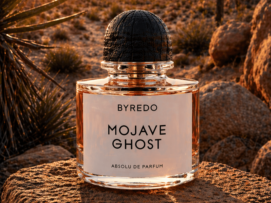 Perfume transparente de la marca Byredo, modelo Mojave Ghost, con tapa negra, sobre fondo blanco.
