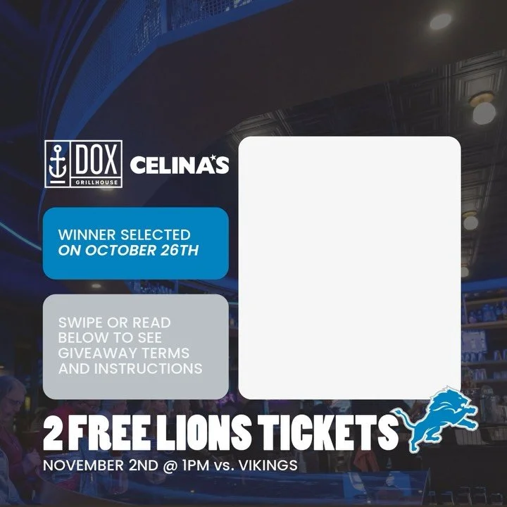 🚨 LIONS TICKET GIVEAWAY 🚨 We&rsquo;re teaming up with @celinas11mi to send TWO fans to see the Lions take on the Vikings on November 2nd at 1PM! 🏈🔥
Here&rsquo;s how to enter: 1️⃣ Follow @dox_grillhouse &amp; @celinas11mi 2️⃣ Like this post ❤️ 3️⃣