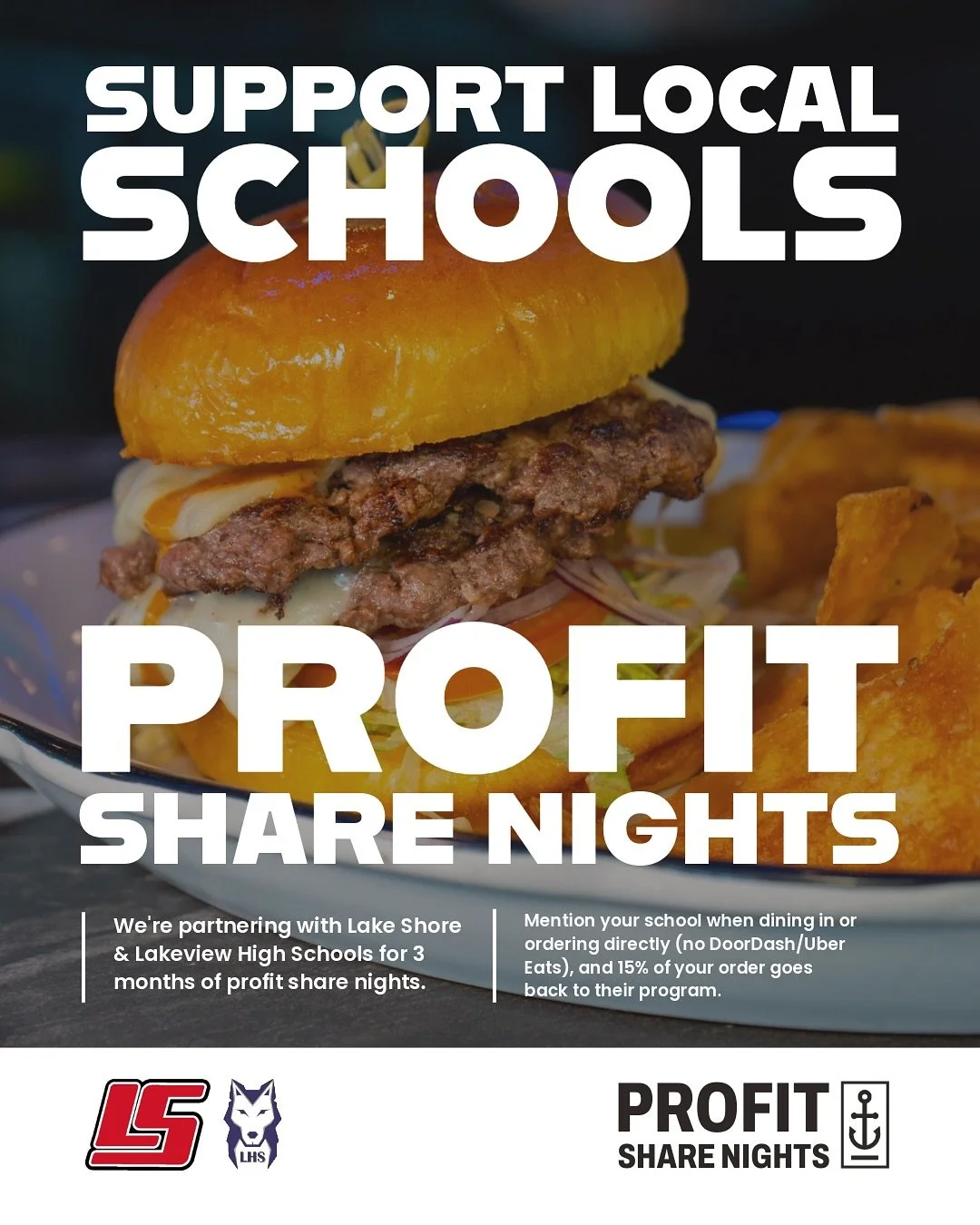 Dine for a cause at Dox! 🍔❤️
We&rsquo;re excited to support our local schools through monthly profit share nights with Lake Shore and Lakeview High Schools.
Here&rsquo;s how it works: 👉 Dine in or order direct from Dox (no DoorDash/Uber Eats) 👉 Me