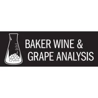 Logo for baker wine and grape analysis featuring a beaker with grapes inside.