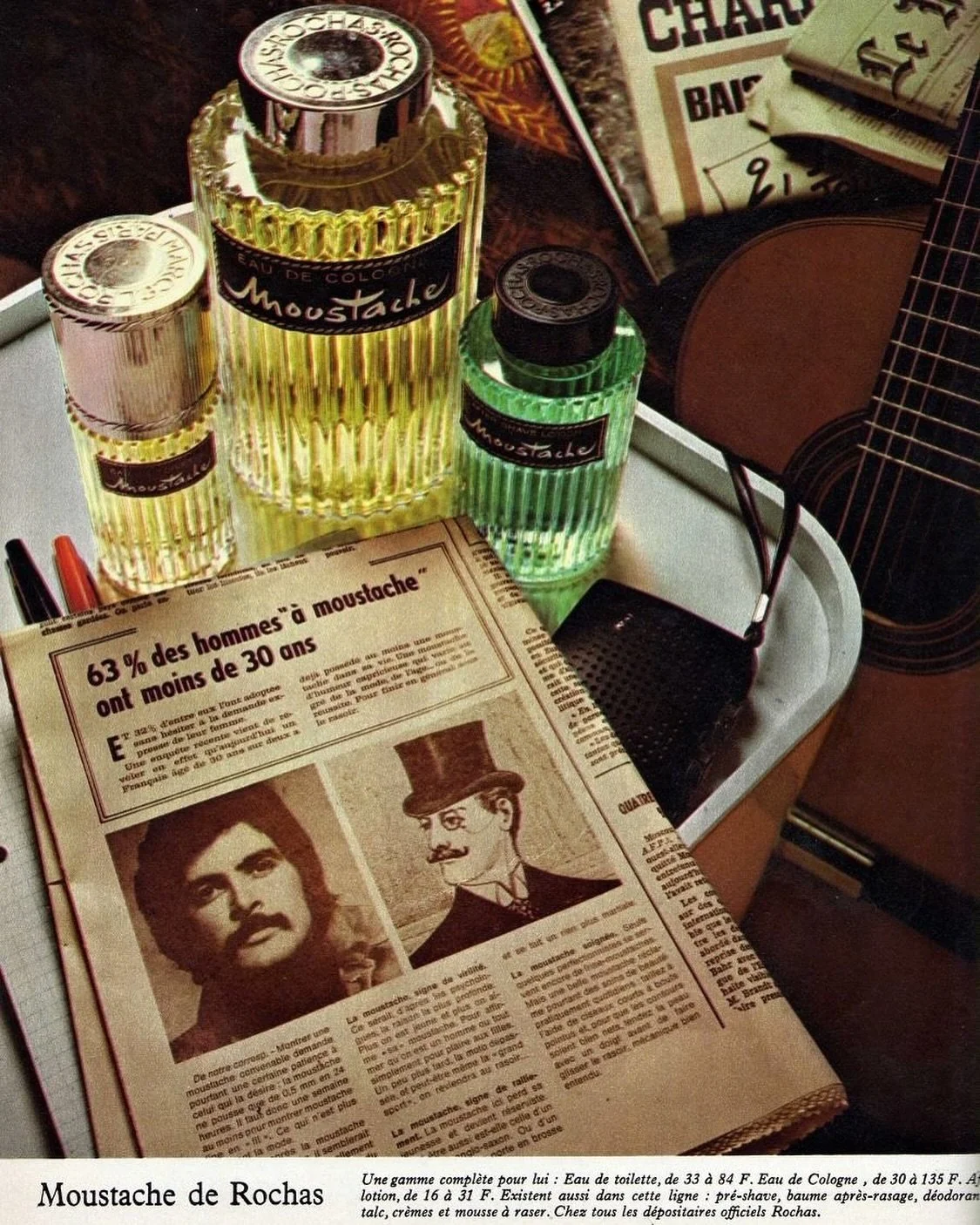 Tidningsannons fr&aring;n 1973 f&ouml;r Moustache de Rochas, visuellt centrerad kring tropen om den franska mustaschen som kulturell mark&ouml;r f&ouml;r manlighet.

Tidningsrubriken &ldquo;63 % des hommes &agrave; moustache ont moins de 30 ans&rdquo