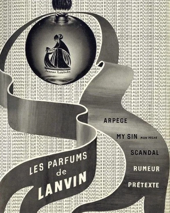 Annons f&ouml;r Lanvin fr&aring;n 1950-talet. I centrum st&aring;r den ikoniska klotflakongen, vilken formgavs av Armand-Albert Rateau f&ouml;r Arp&egrave;ge 1927. Flakongen, vars utformning varierat och som inneh&aring;llit flera av modehusets dofte