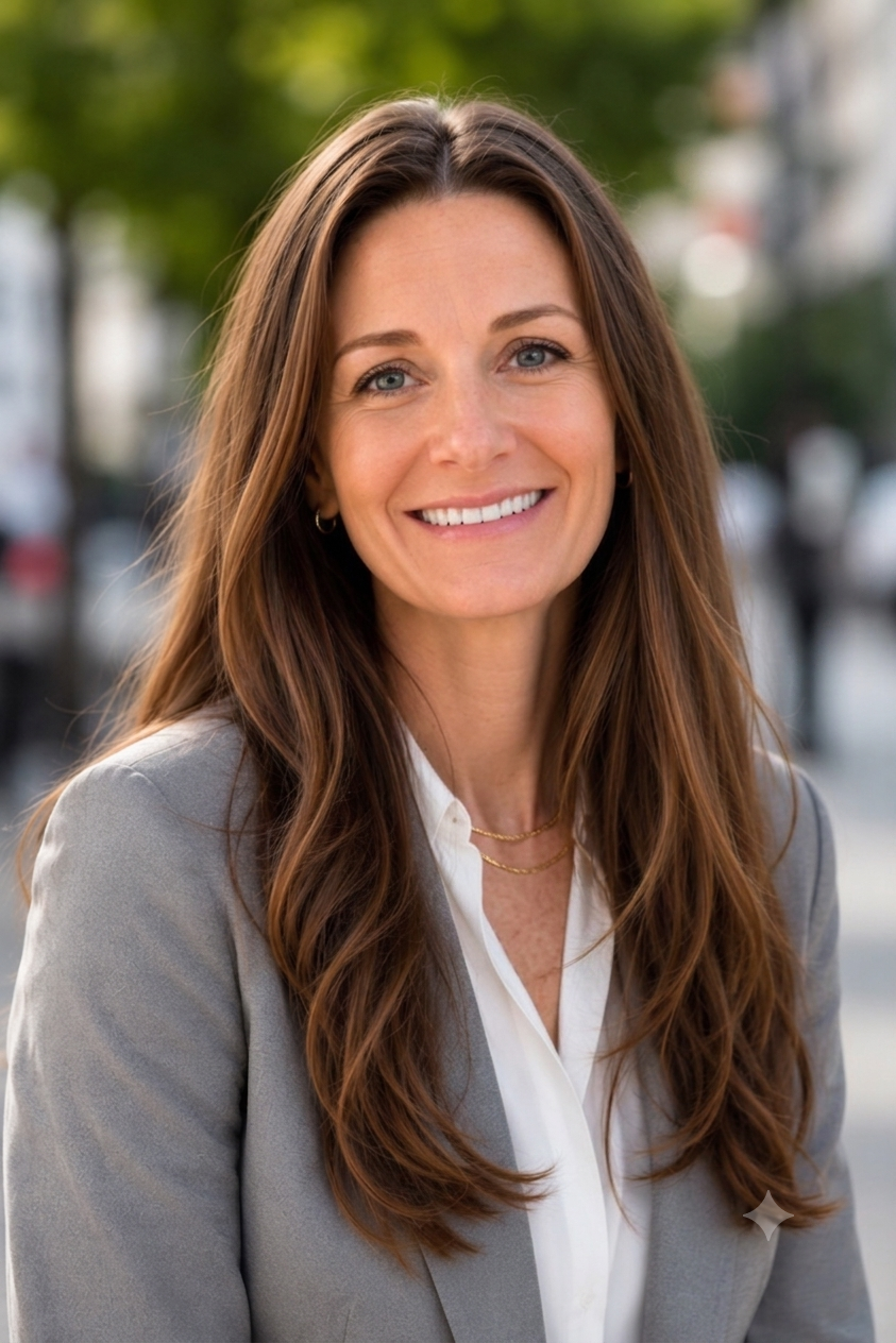 A smiling woman with long brown hair wearing a gray blazer and white shirt, standing outdoors with blurred trees and cityscape in the background.