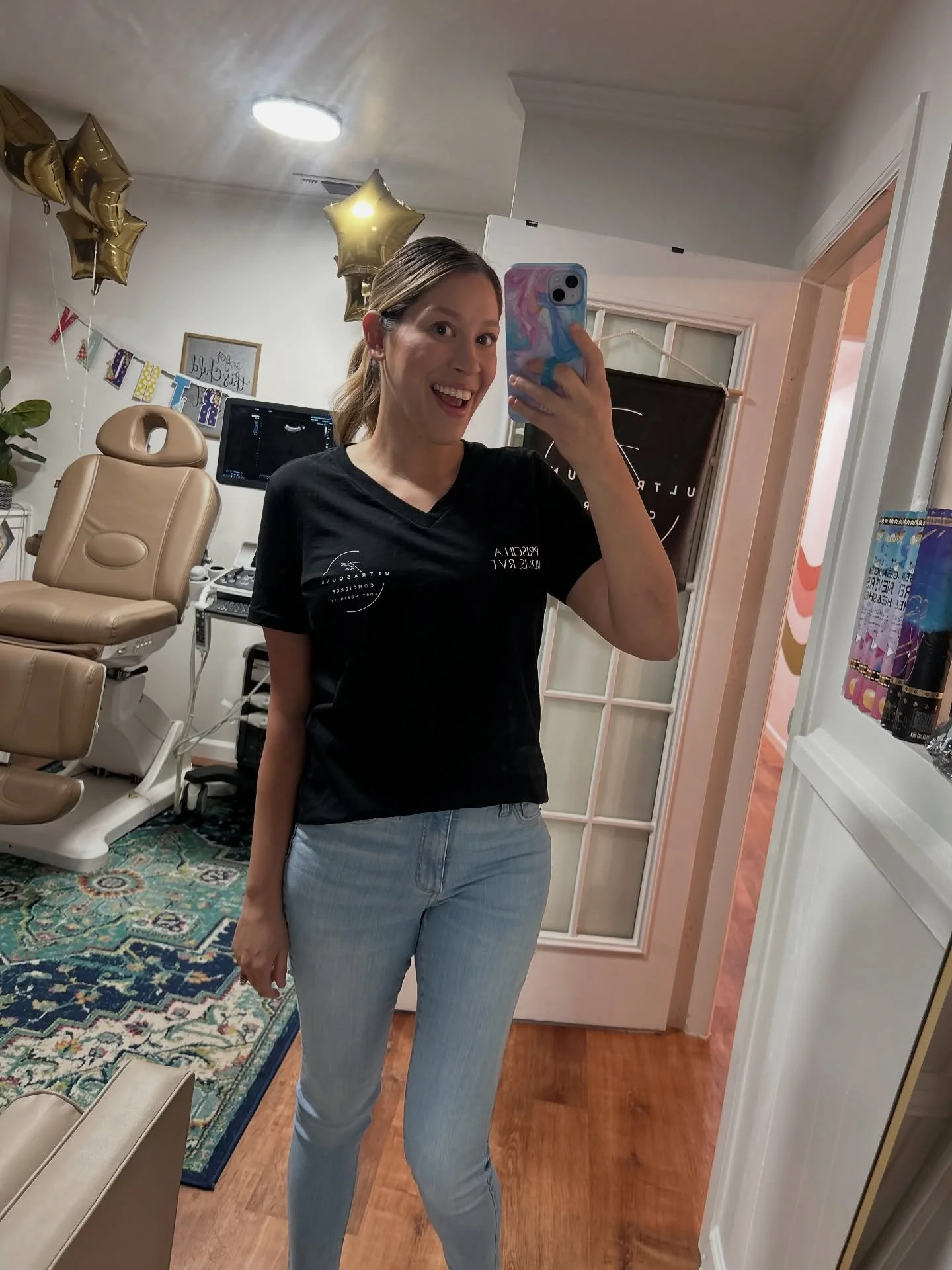Our Staff Sonographer, Priscilla ready to scan today! If you&rsquo;ve met her, you love her 💗 She&rsquo;s wearing a custom team shirt made by @pitterpattercreations_usa  who&rsquo;s a local mama!