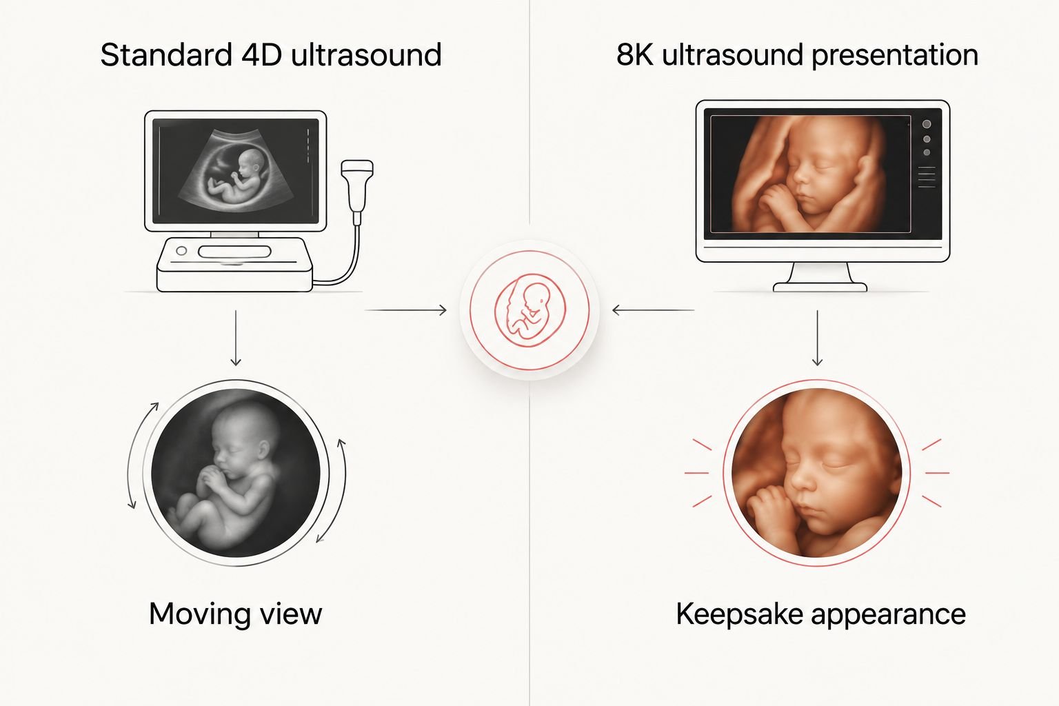 Comparison of a moving 4D ultrasound view and an enhanced 8K keepsake rendering