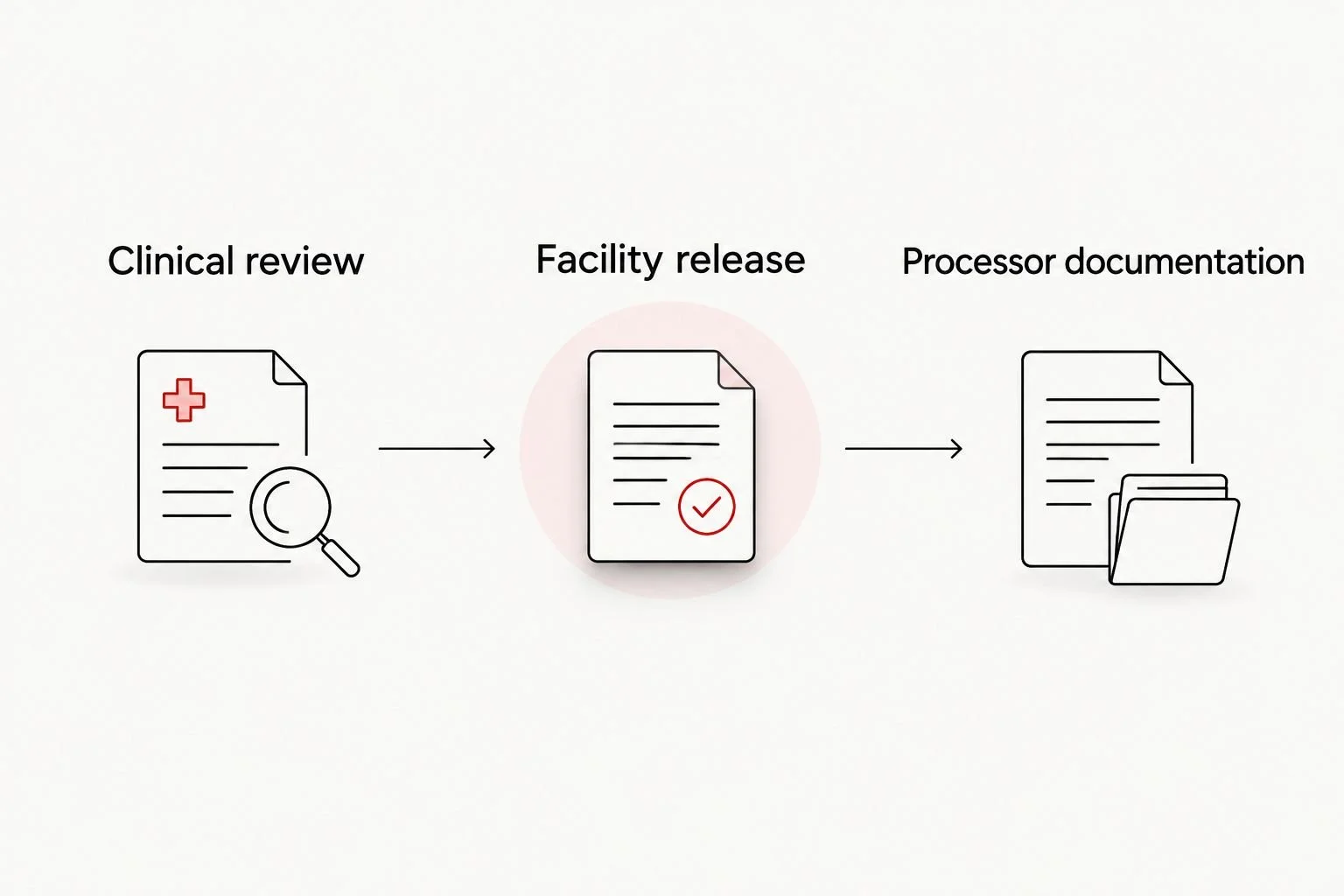 Three planning steps: clinical review, facility release, and processor documentation