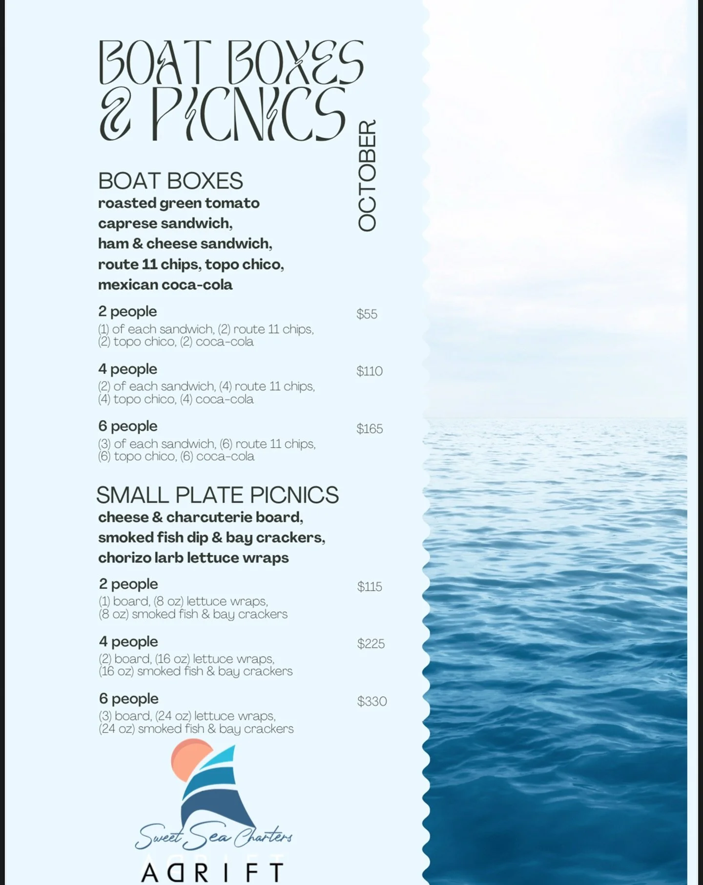 October Menu drop 👻
Last month to sail, sip, and savor on the water. Don&rsquo;t miss it!