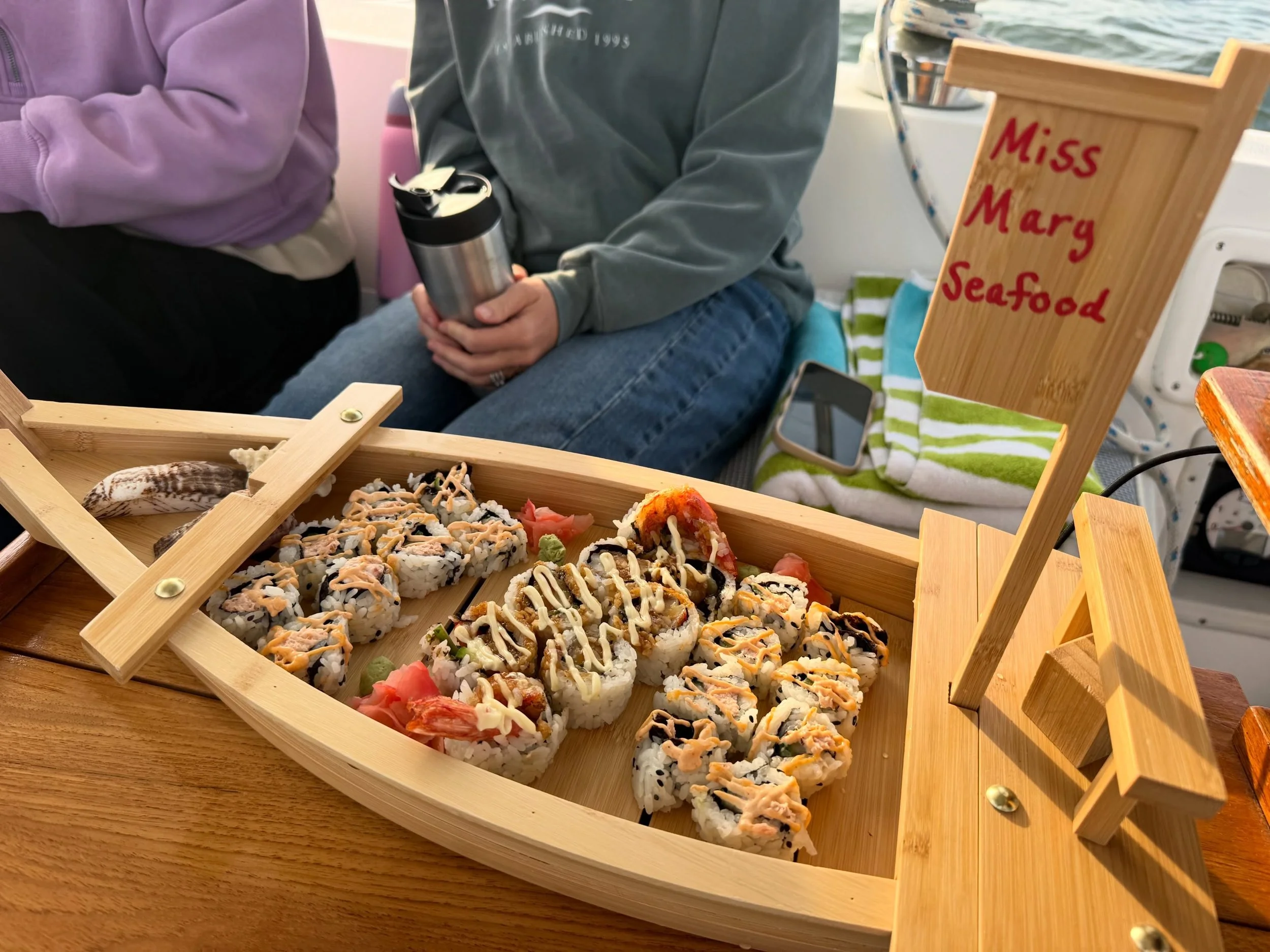 Sunset skies, sushi boats &amp; smooth sails 🌅🍣⛵️

#SweetSeaCharters #MissMarySeafood #comesailwithus #keepitlocal