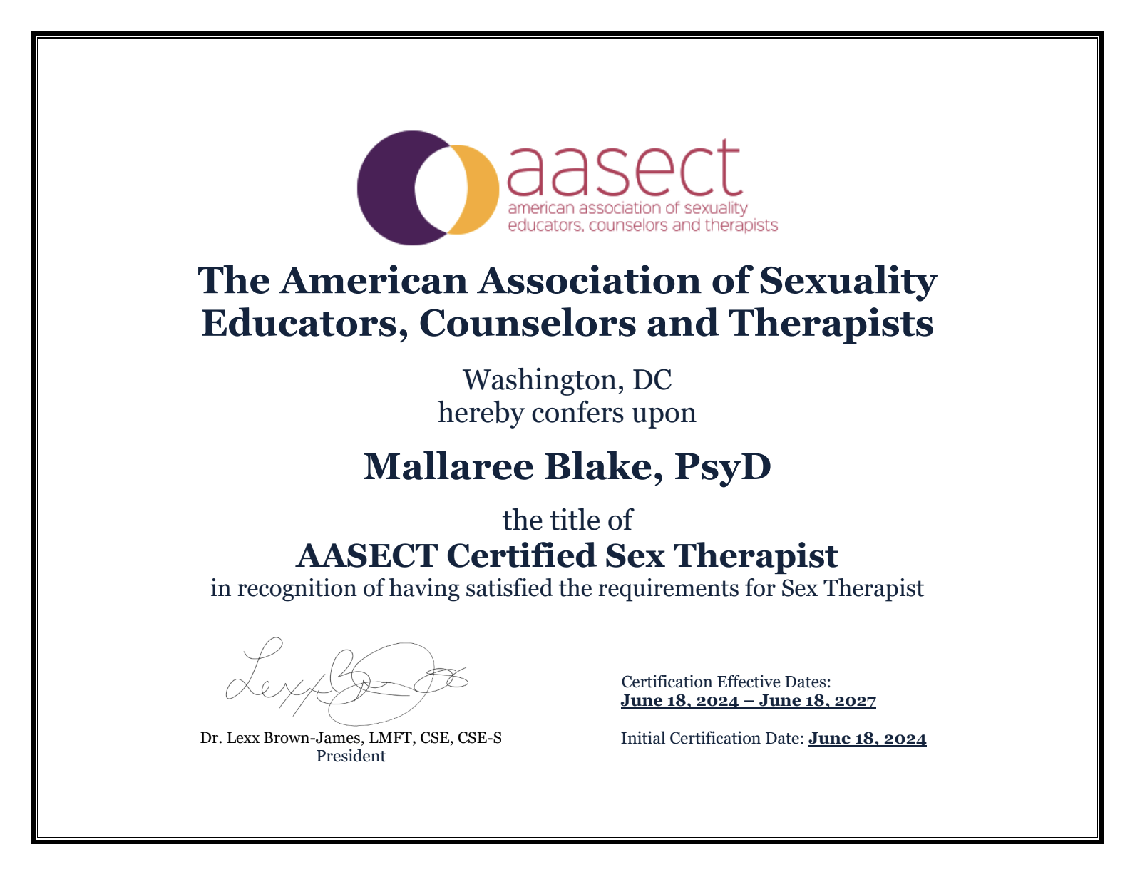 Mallaree Blake AASECT Sex Therapy Certificate