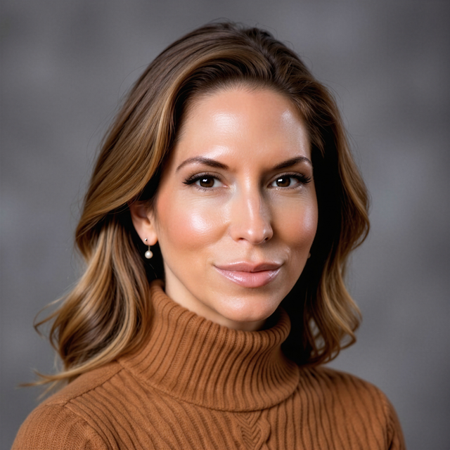 Portrait of a woman with wavy light brown hair, wearing a brown turtleneck sweater and pearl earrings, smiling softly against a gray background.