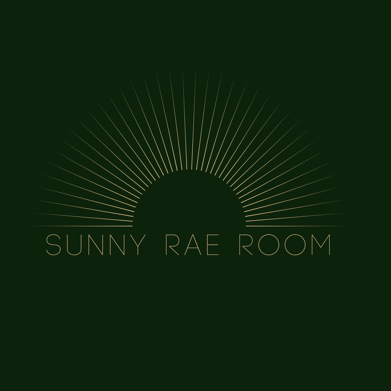An artistic logo for Sunny Rae Room featuring a stylized sun with radiating lines and the name in thin, uppercase letters.