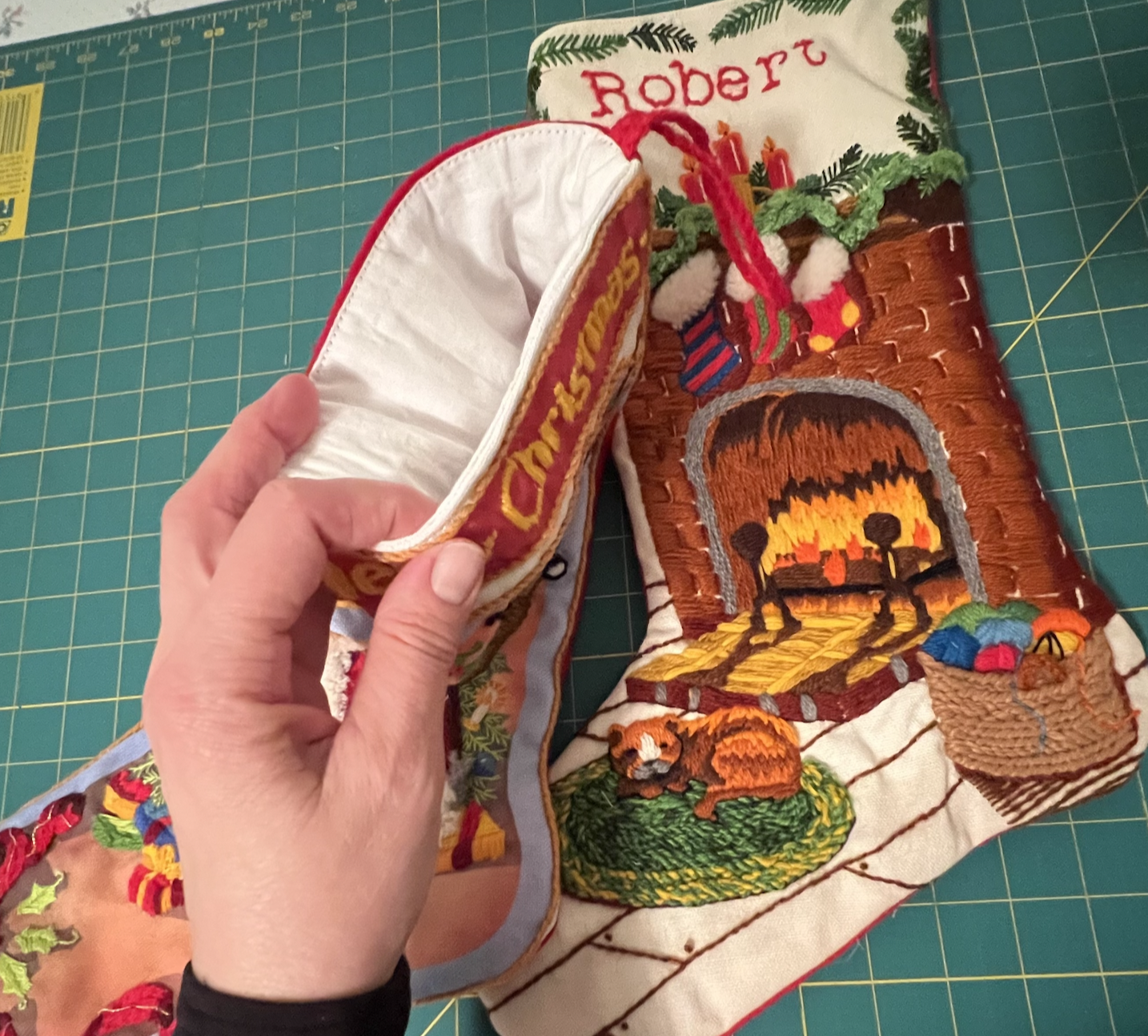 Adding to the durability and quality, I added a lining to both stockings. Now there's no need to worry about snagging the backside of the hand embroidery, and both will last for years to come!