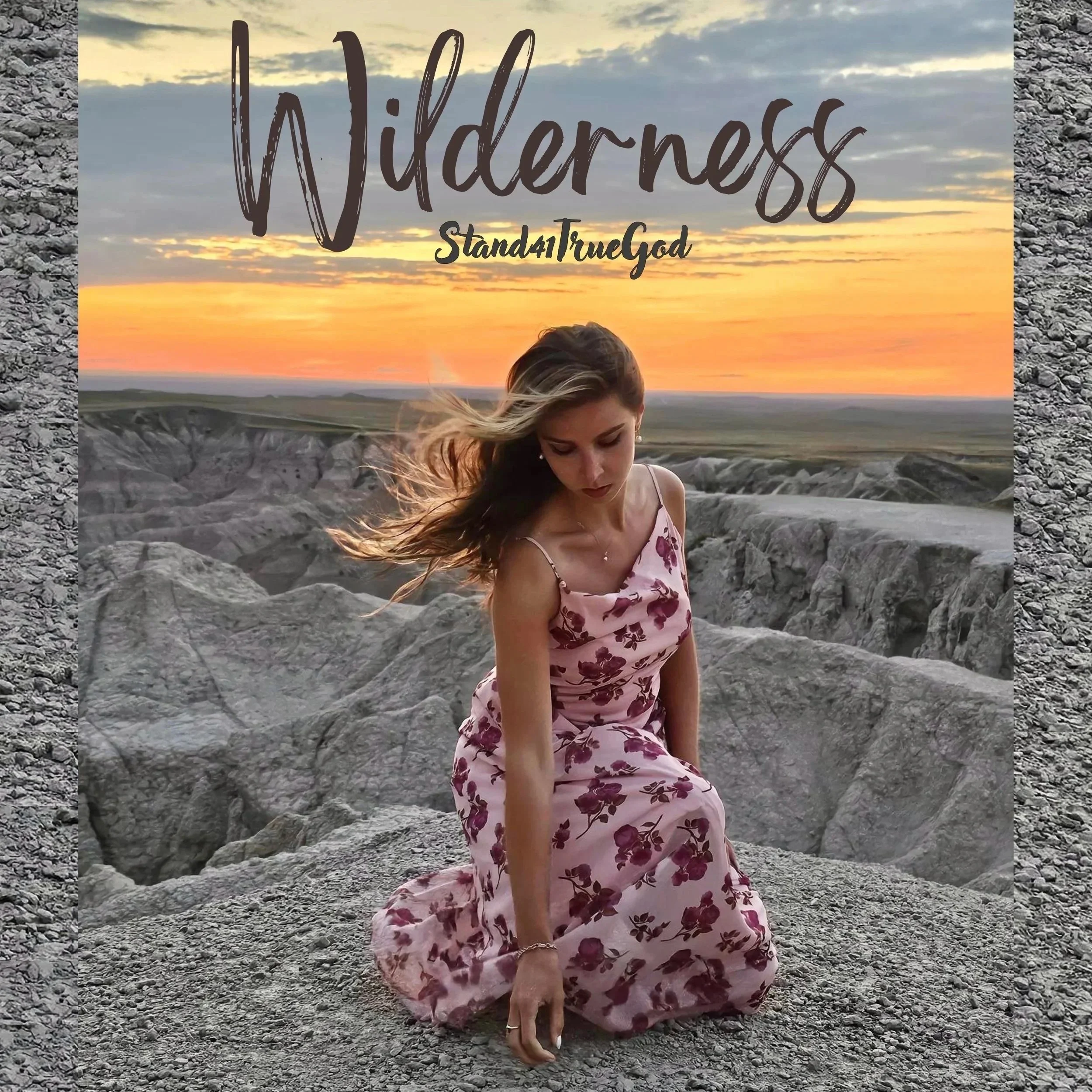 A woman in a pink floral dress kneels on rocky terrain at sunset, with a dramatic sky and canyon landscape in the background, and the word 'Wilderness' and the phrase 'Stand4TrueGod' written over the image.