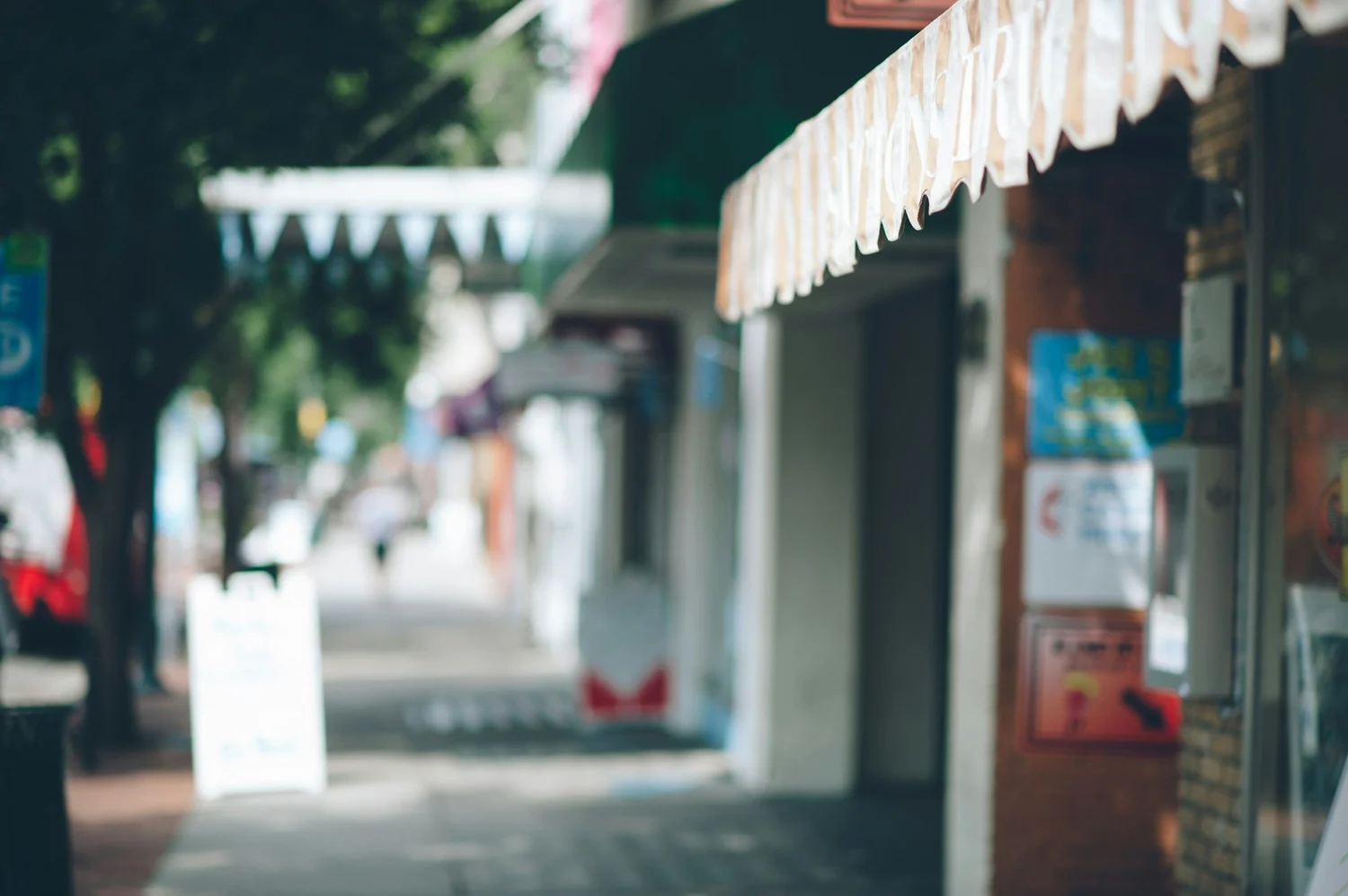 A shaded sidewalk lined with shops in Chapel Hill