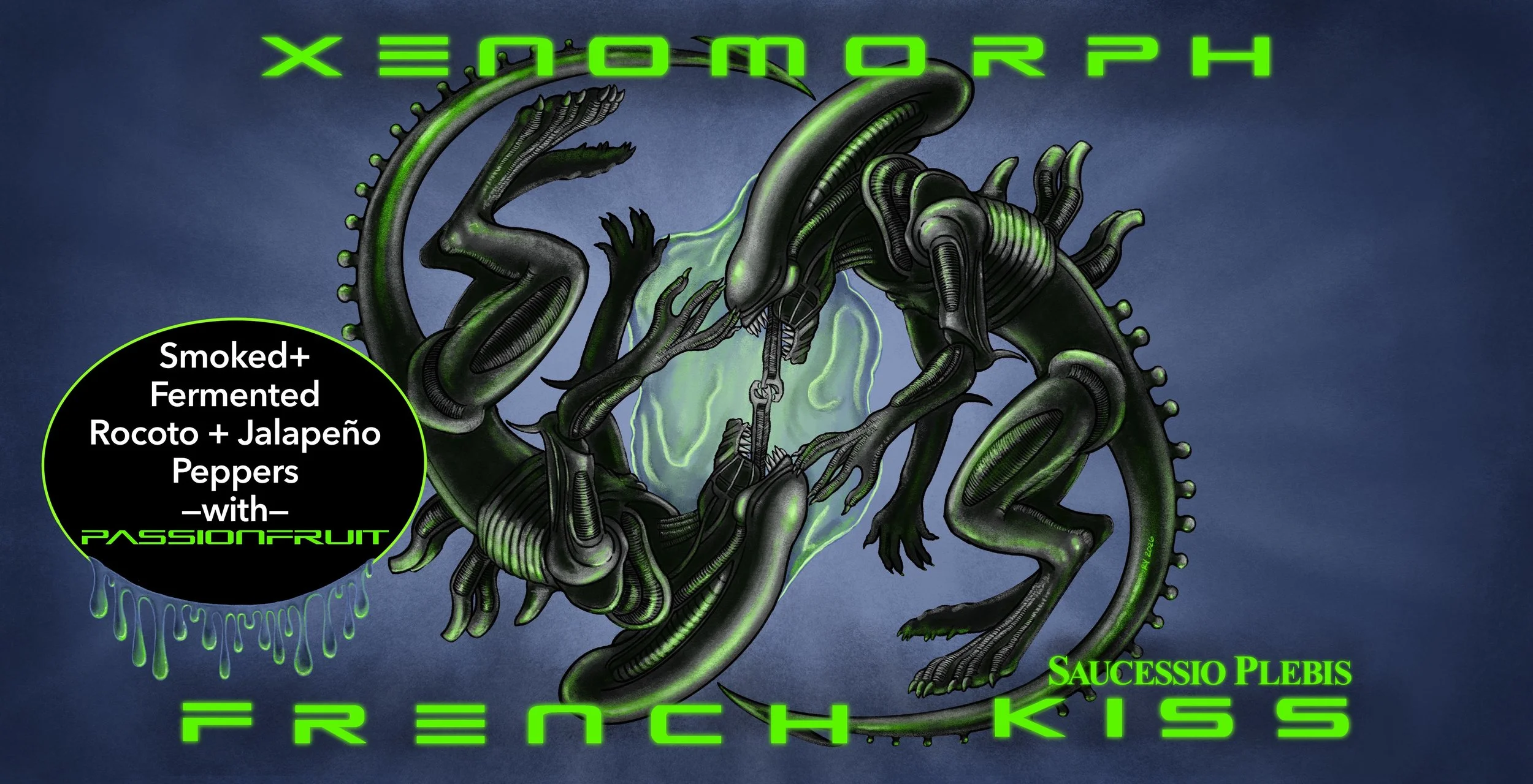 “Xenomorph French Kiss:” Two Alien-style xenomorphs use their pharyngeal jaws to make out with each other, with xenomorph drool everywhere. The xenomorphs are arranged reminiscent of a yin-yang symbol; one is upside-down as they caress one another’s 