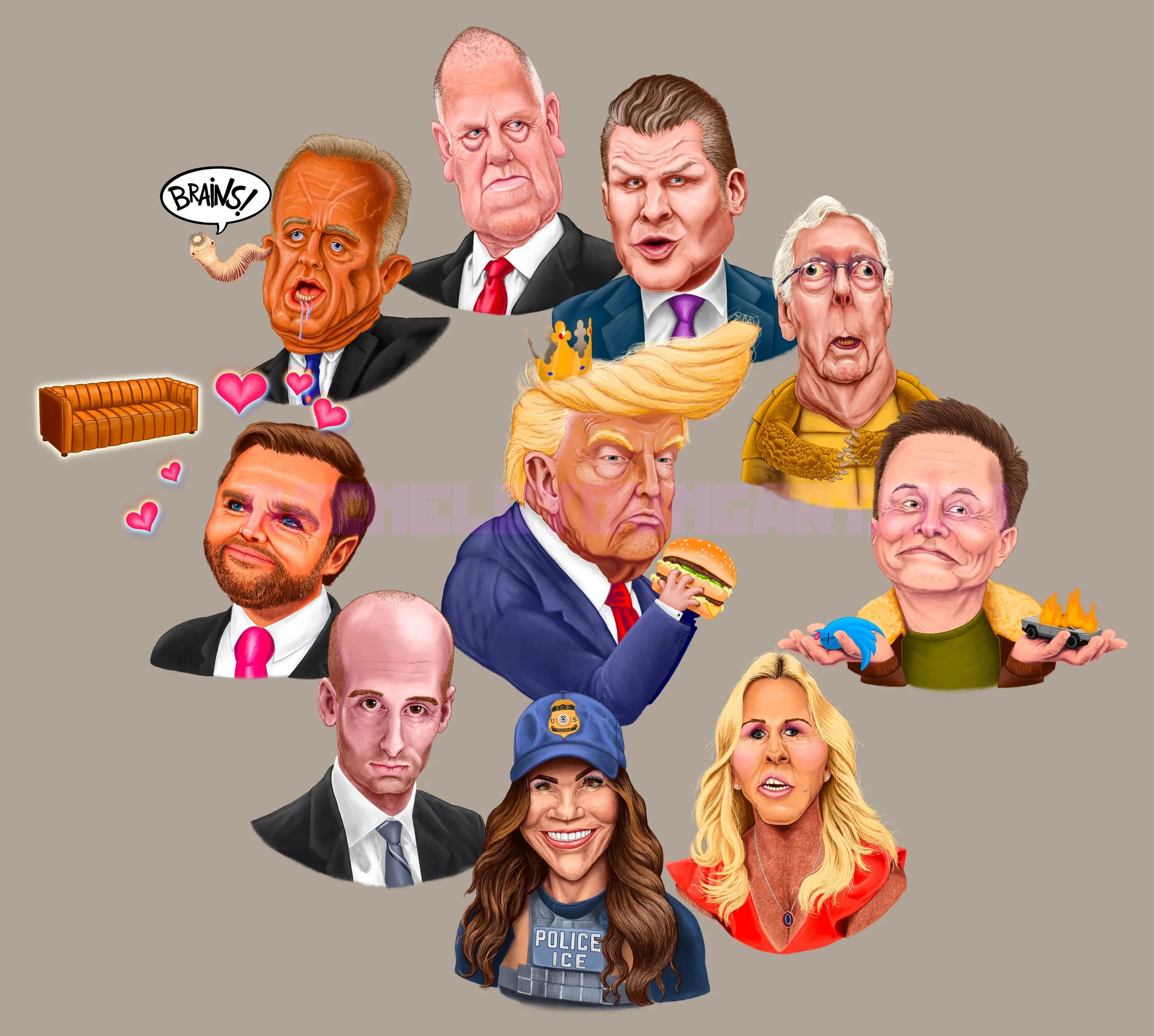 Political caricatures of RFK Jr., Tom Holman, Mitch McConnell, Elon Musk, Marjorie Taylor Greene, Kristi Noem, Jared Kushner, and JD Vance arranged in a ring around a caricature of Donald Trump, who is wearing a cardboard crown, scowling, and clutchi