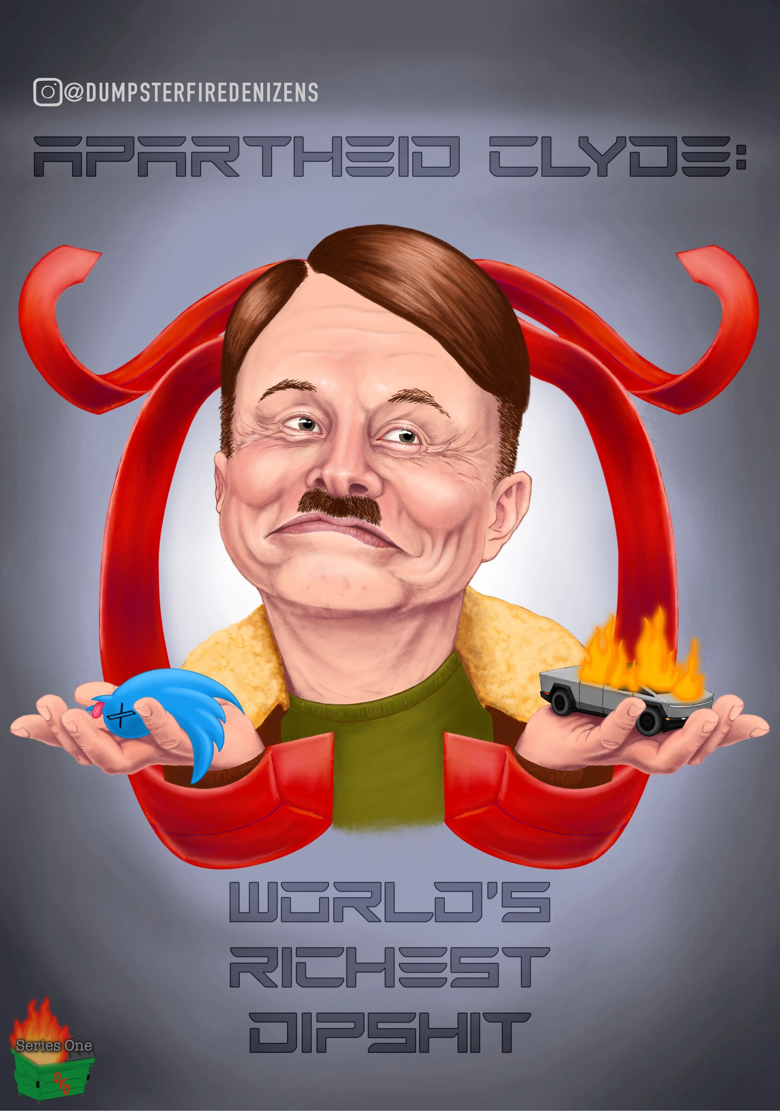Caricature of Elon Musk as “Apartheid Clyde: World’s Richest Dipshit.” In the drawing, Apartheid Clyde, smirking, with his hair and facial hair fashioned like Hitler’s, is framed by two large, red, curling neckties. He holds a deceased blue Twitter b