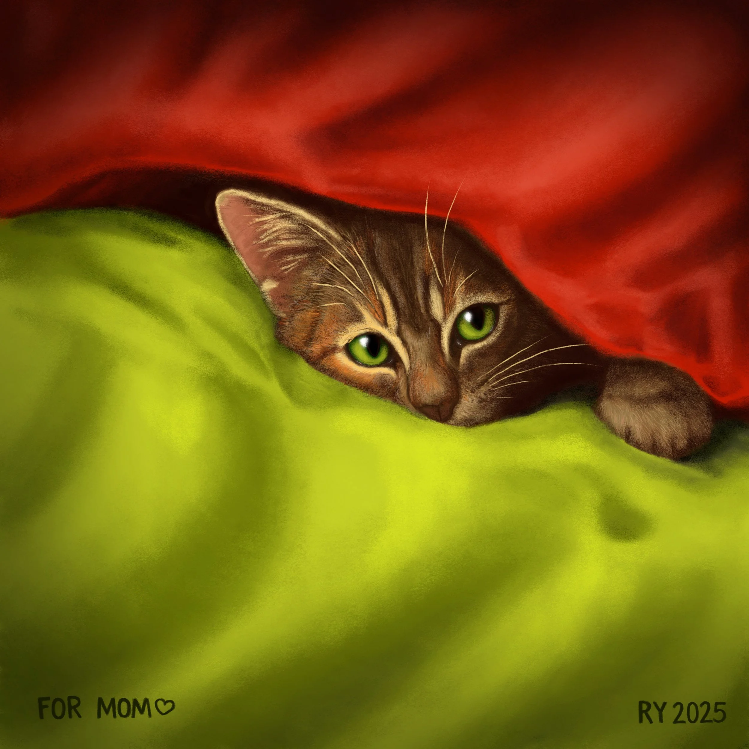 Digital drawing of a torti-tabby kitten nestled behind a bright green blanket and peeking out from under a deep red blanket. One ear and one front paw are visible as she gazes at the viewer with bright green eyes. 