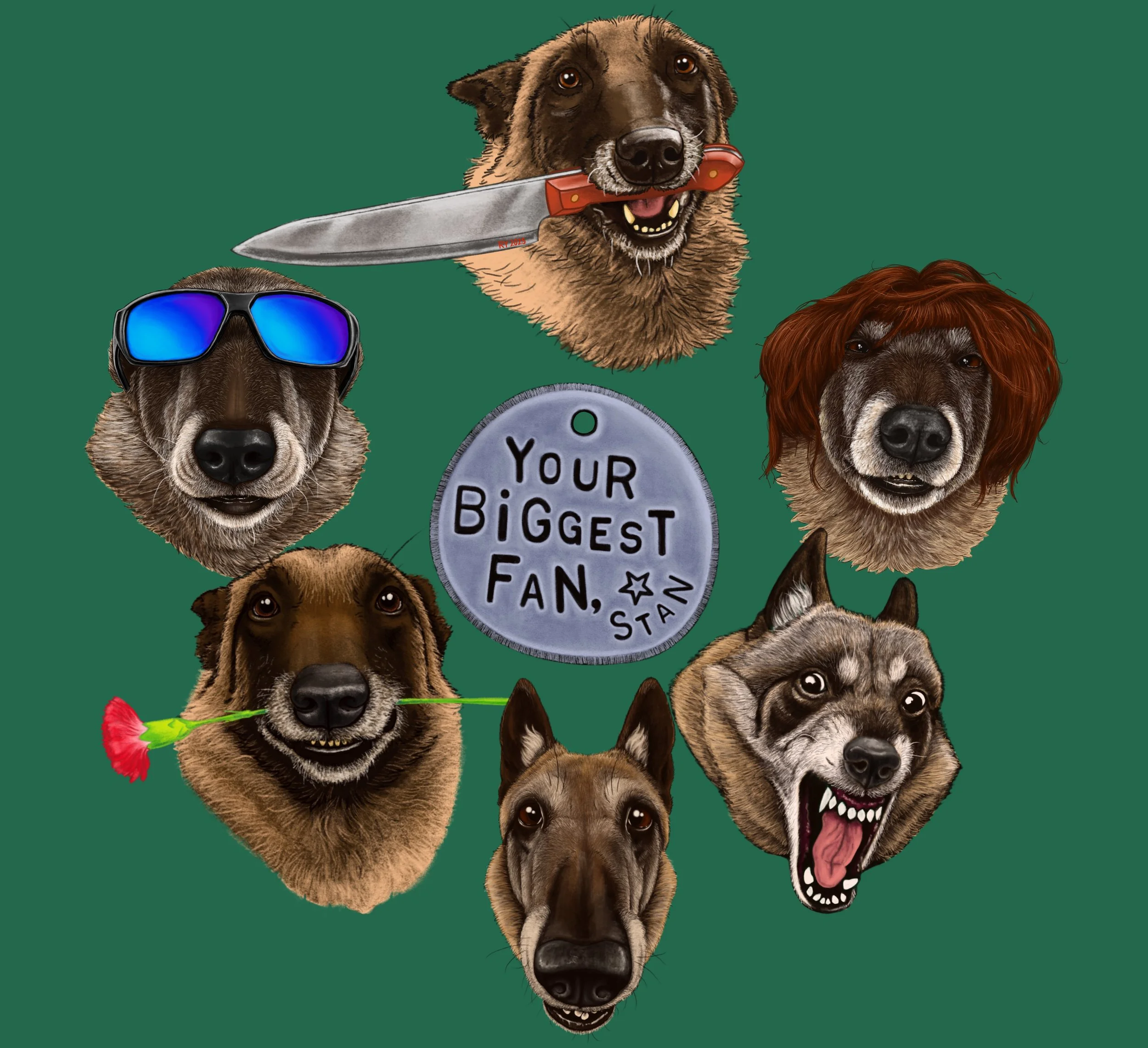 Six different portraits of the same Belgian malinois arranged in a ring around a custom metal dog tag. One portrait in sunglasses, one holding a knife in his mouth, one wearing a tangled wig, one snarling in play, one with fisheye perspective, and on