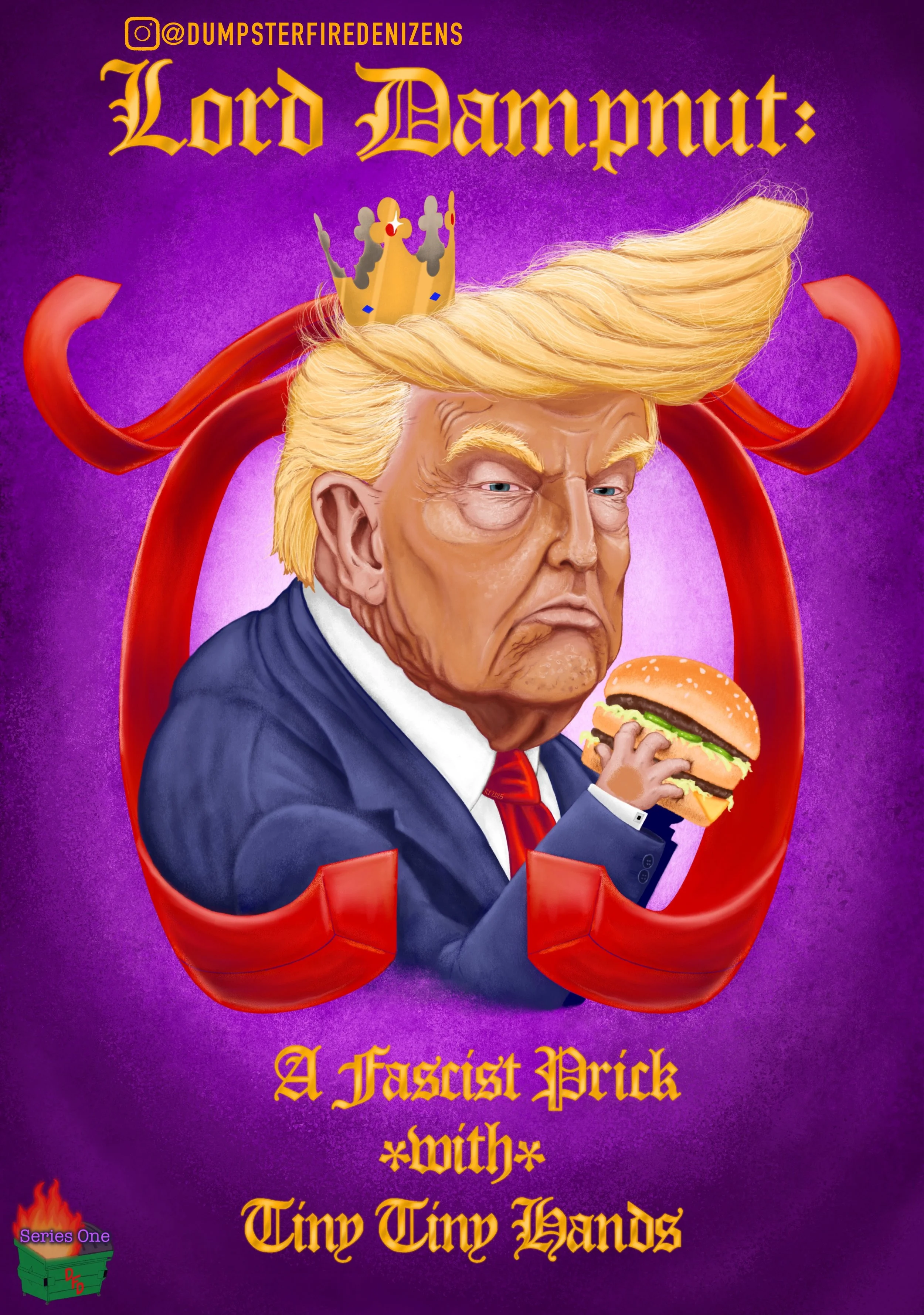 Digital caricature of Donald Trump, in front of a purple background, framed by two unfurling oversized red neckties. He is hunched over, glaring at the viewer, clutching a Big Mac in his tiny baby hands and raising it to his petulant mouth. He is wea