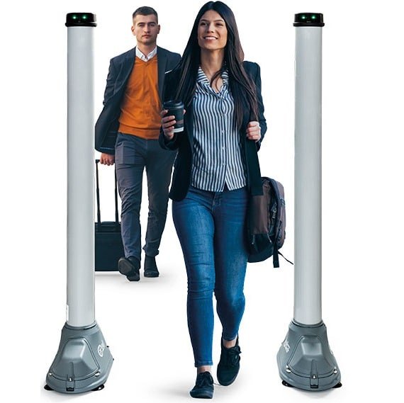 Walk-through weapons detection screening gates at a school entrance