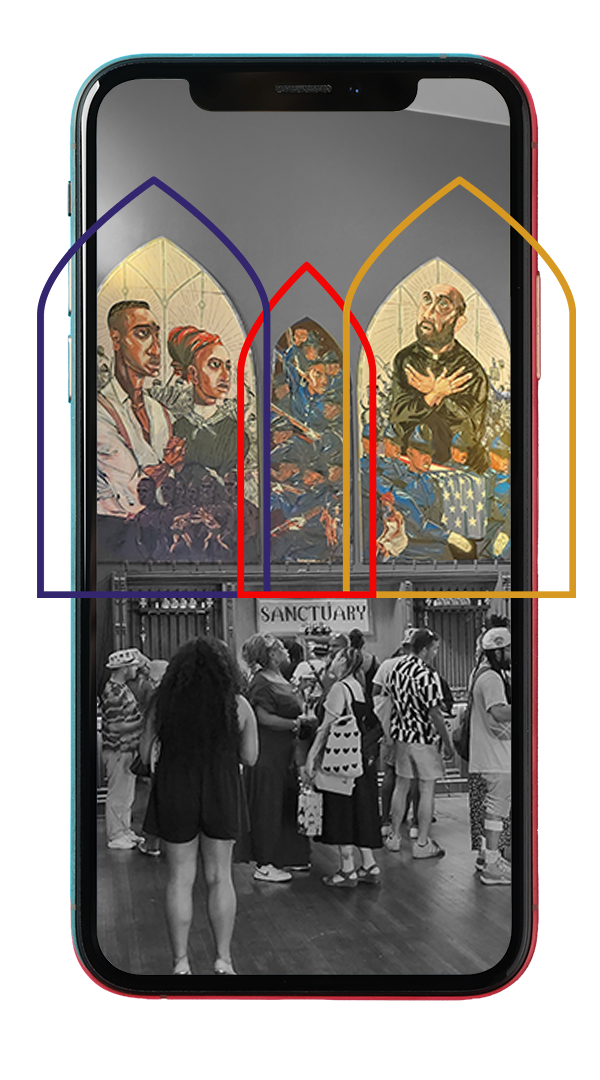 A smartphone screen displaying a black and white photo of people standing in line outside a building with a sign that reads 'Sanctuary.' Above the photo, there is a colorful overlay with illustrations of historical figures and symbols, arranged in a pattern with red, yellow, and purple outlines.