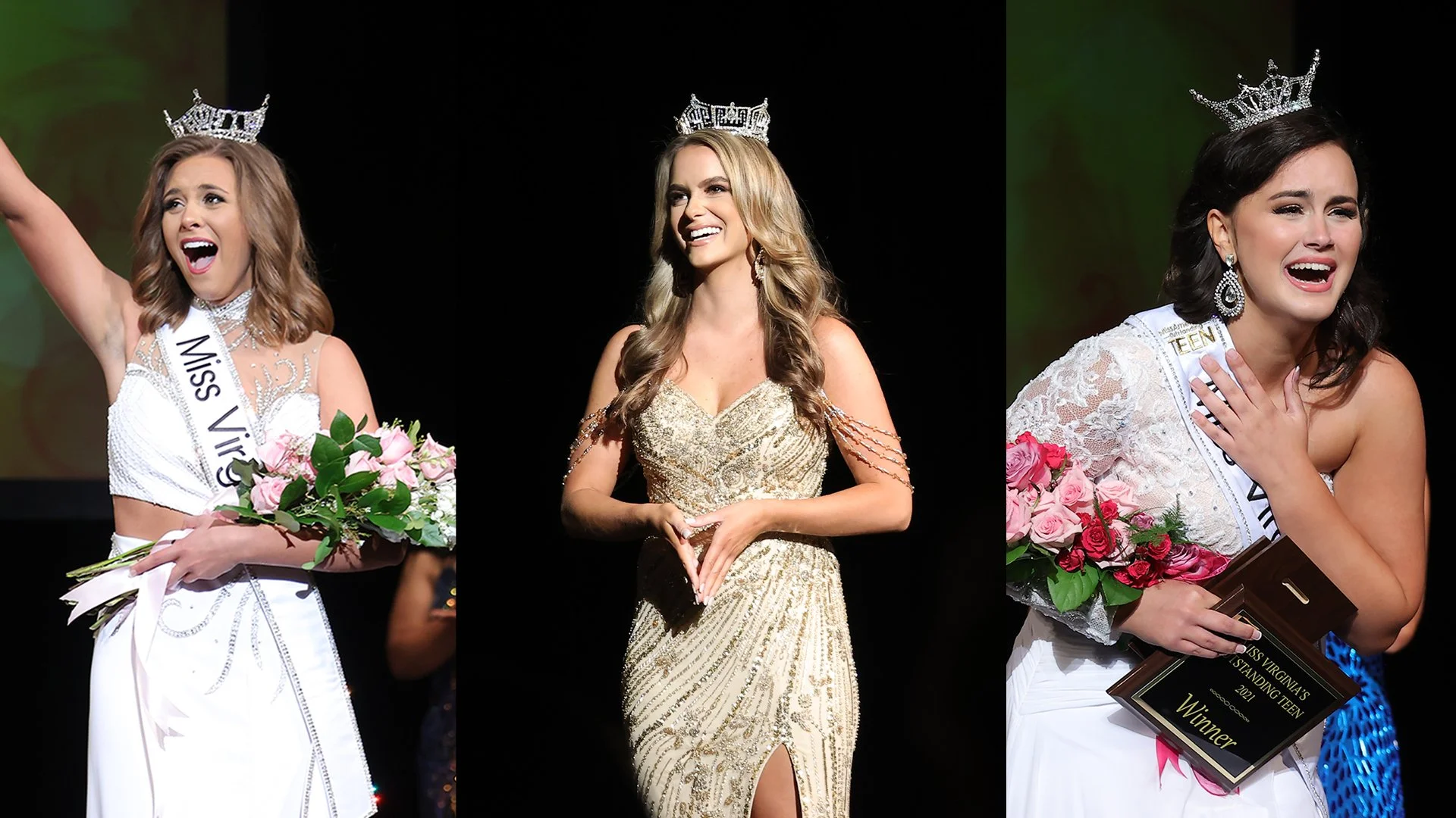 Three women in beauty pageant attire, wearing crowns and sashes, are on stage. The first woman on the left is holding a bouquet of pink roses and appears to be speaking or singing. The middle woman is smiling with her hands joined in front of her. The woman on the right is holding a plaque that says "Miss Virginia's Outstanding Teen 2021 Winner" and is visibly emotional.