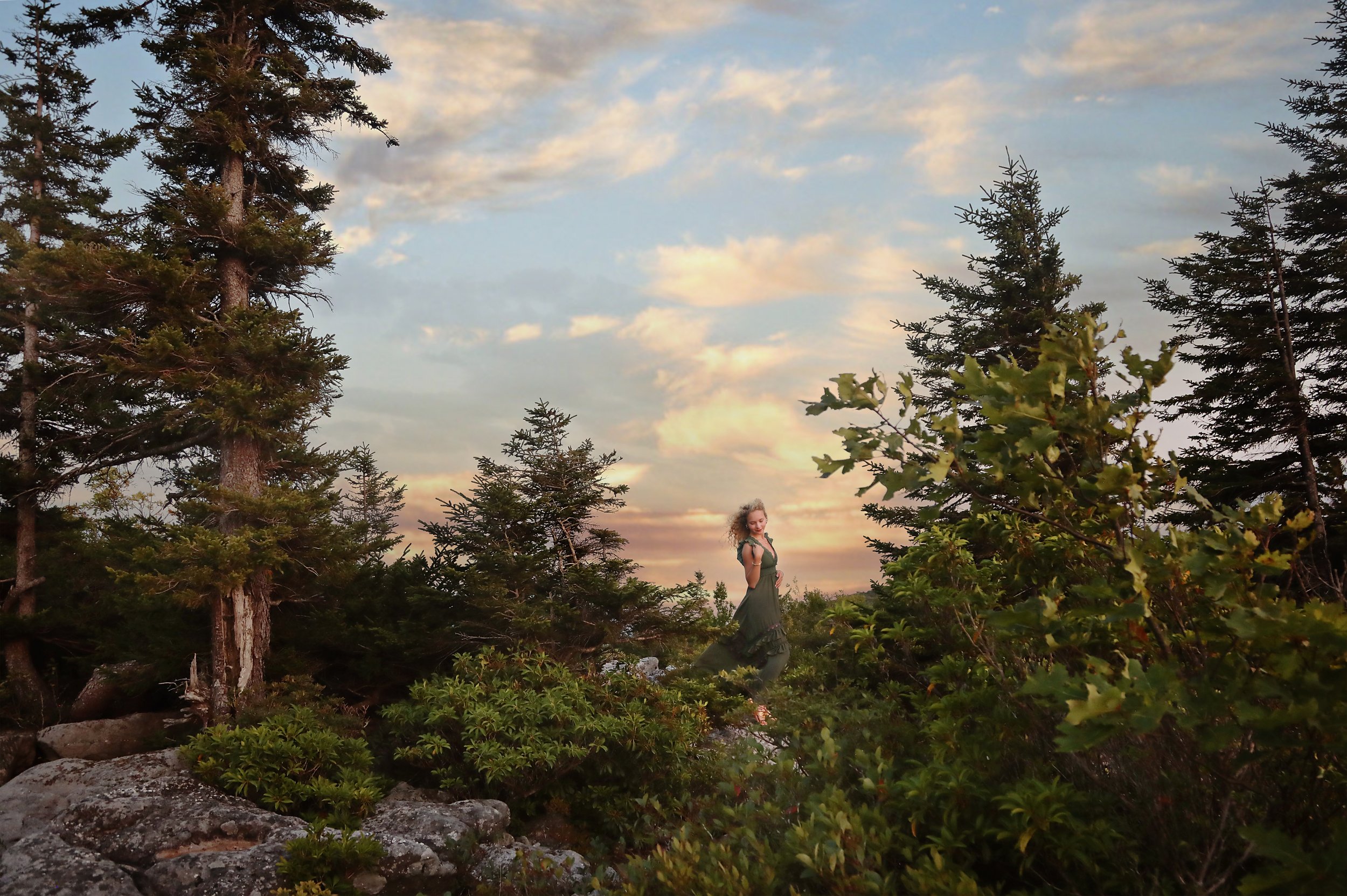 A woman in a dark green dress standing in a forest clearing during sunset, surrounded by tall pine trees and green foliage.