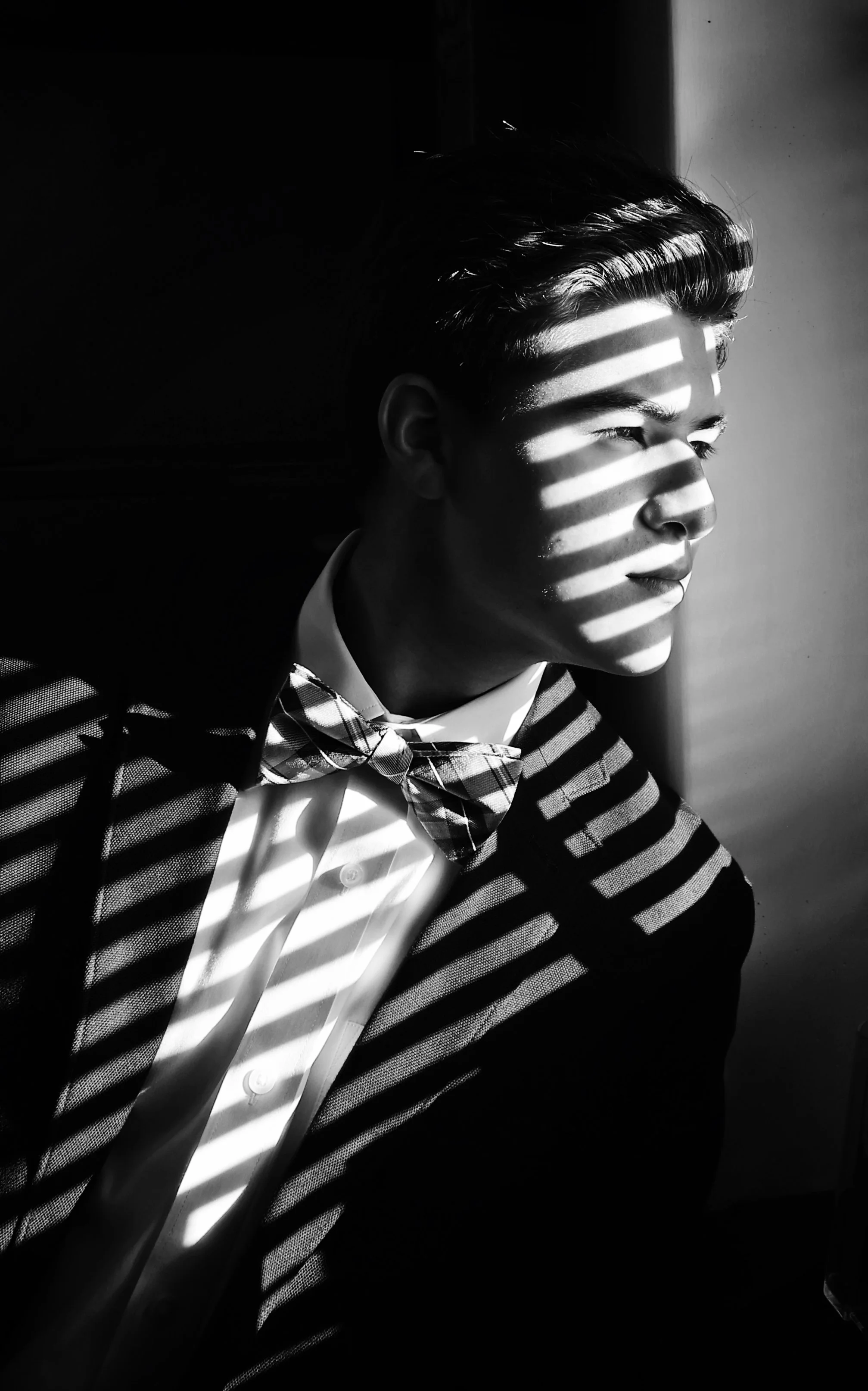 A young man in formal attire with a bow tie, looking out a window as sunlight creates striped shadows on his face and clothing.