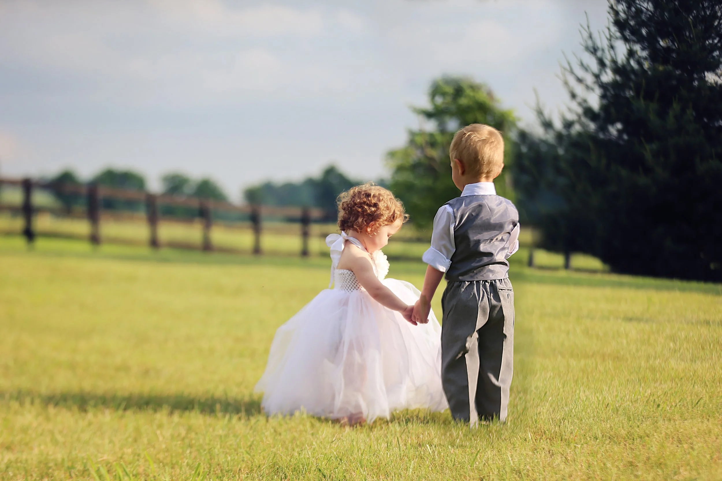 Two young children, a girl in a white dress and a boy in a gray suit, holding hands and walking on a grassy field with trees and a wooden fence in the background on a sunny day.