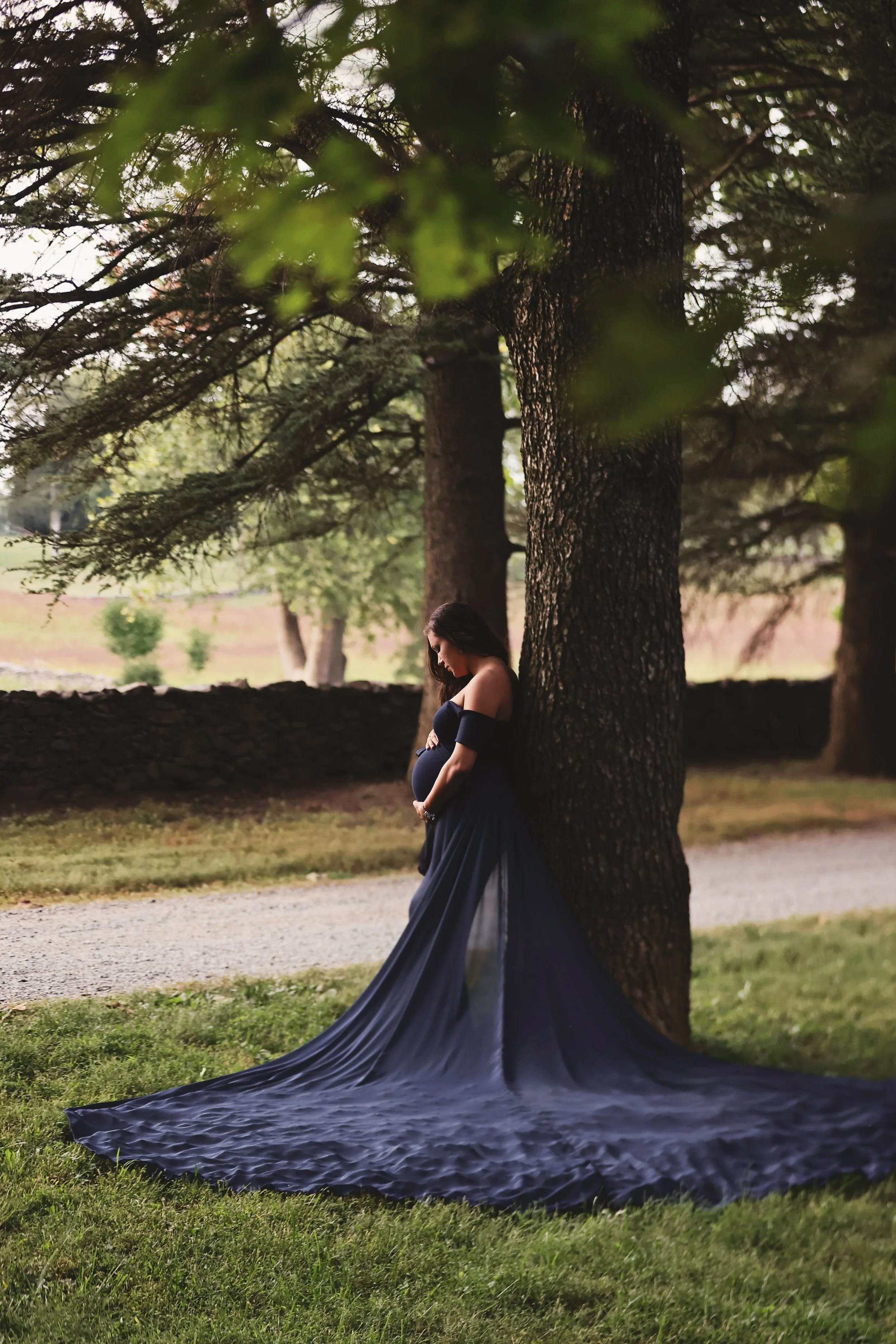 A pregnant woman in a flowing, dark blue dress stands with her back against a large tree in a park, holding her belly and looking downwards.