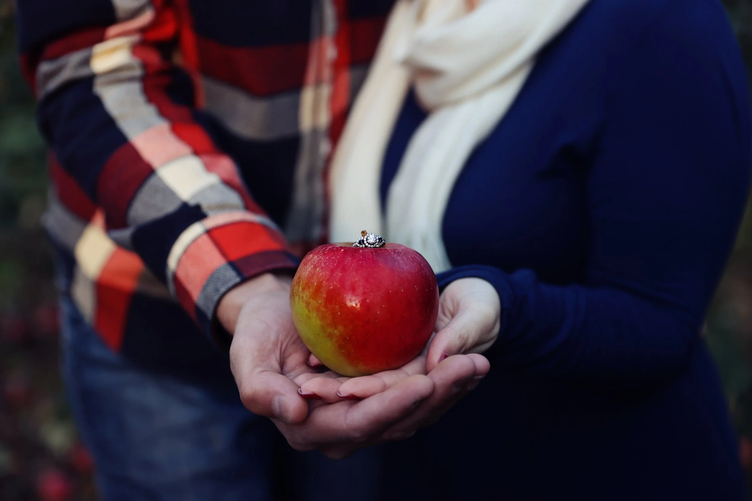 Person holding a red apple with a diamond ring on top, wearing a navy blue shirt, and a white scarf, with another person in a plaid shirt nearby.