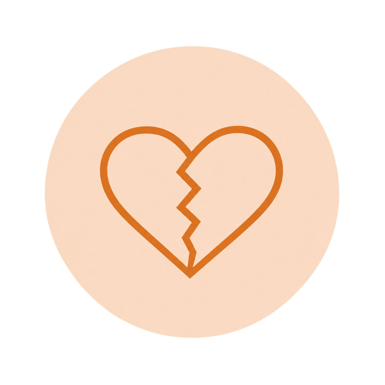 Orange broken heart outline inside a peach-colored circle